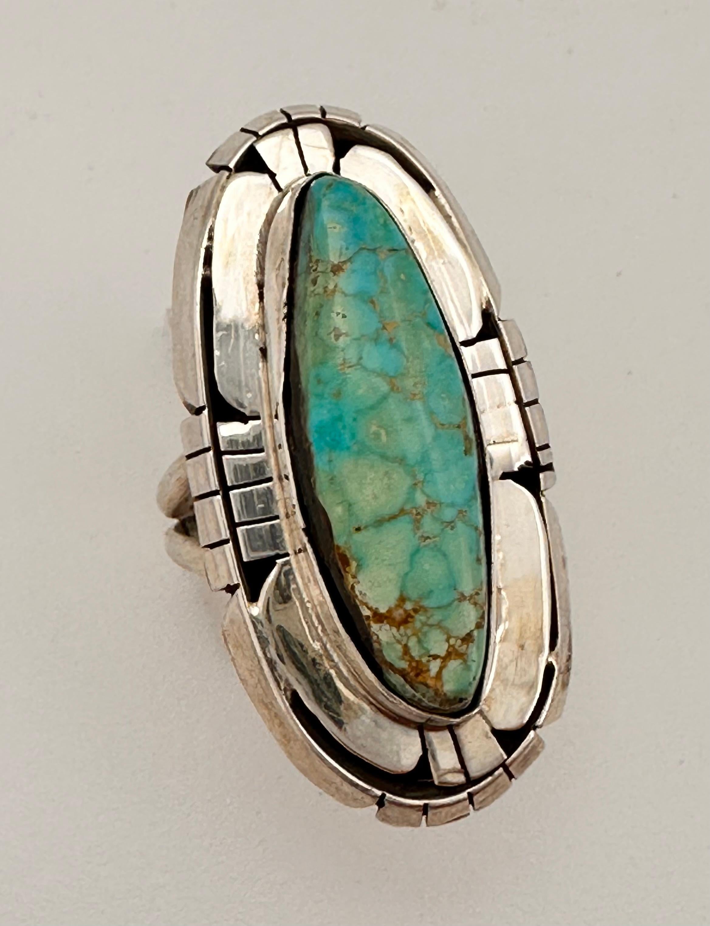 Cabochon Navajo Sterling Silver .925 Kingman Turquoise 19mm x 37mm Oval Ring Size 8.5