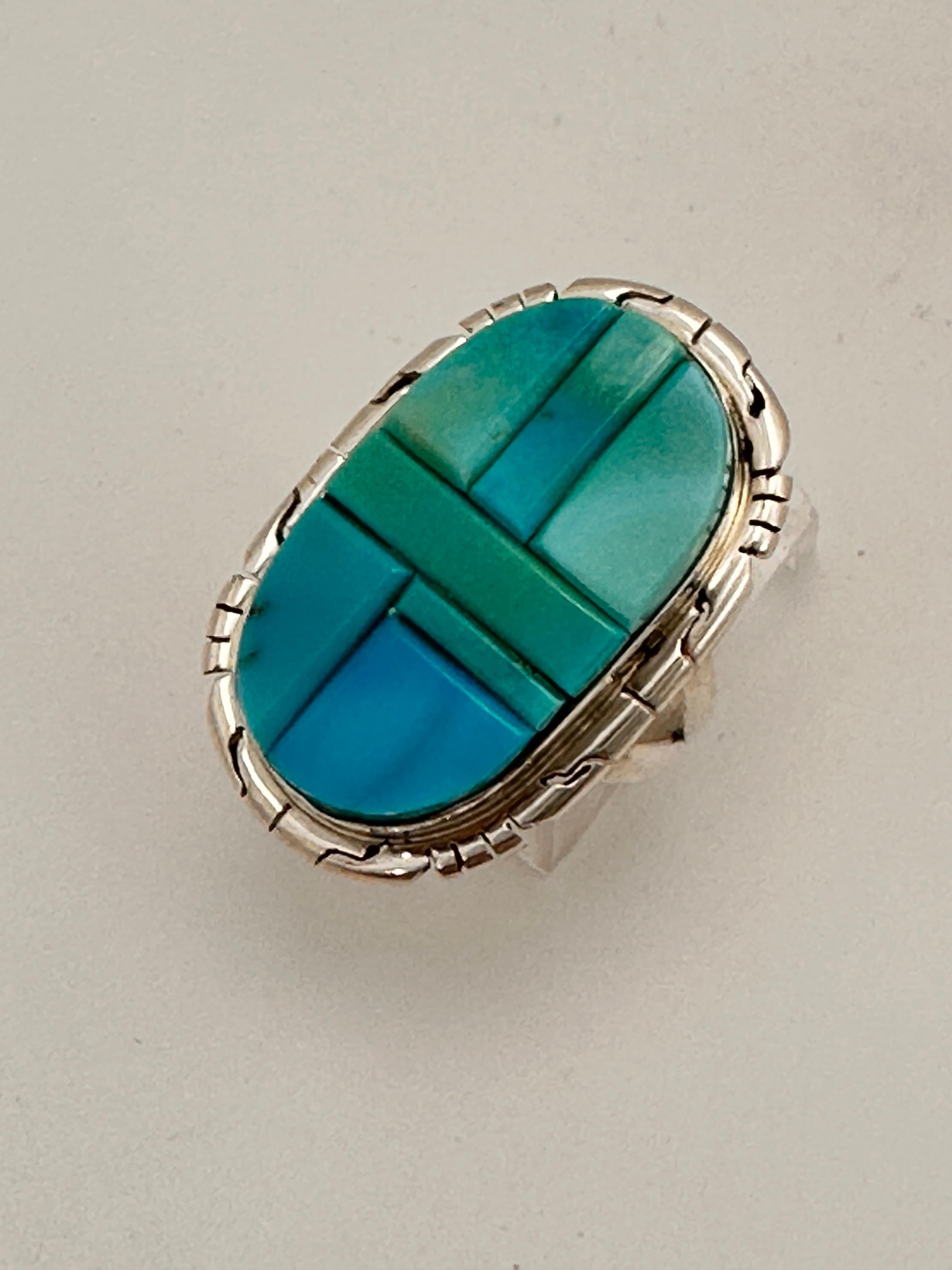 •KINGMAN TURQUOISE - SHÁ• Navajo silver ring (size 10.75) main image 1