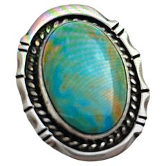 Navajo Sterling Silver .925 Kingman Turquoise 22mm x 28mm Oval Ring Size 8