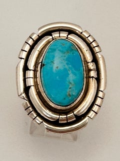 Navajo Sterling Silver .925 Kingman Turquoise 23mm x 28mm Oval Ring Size 7