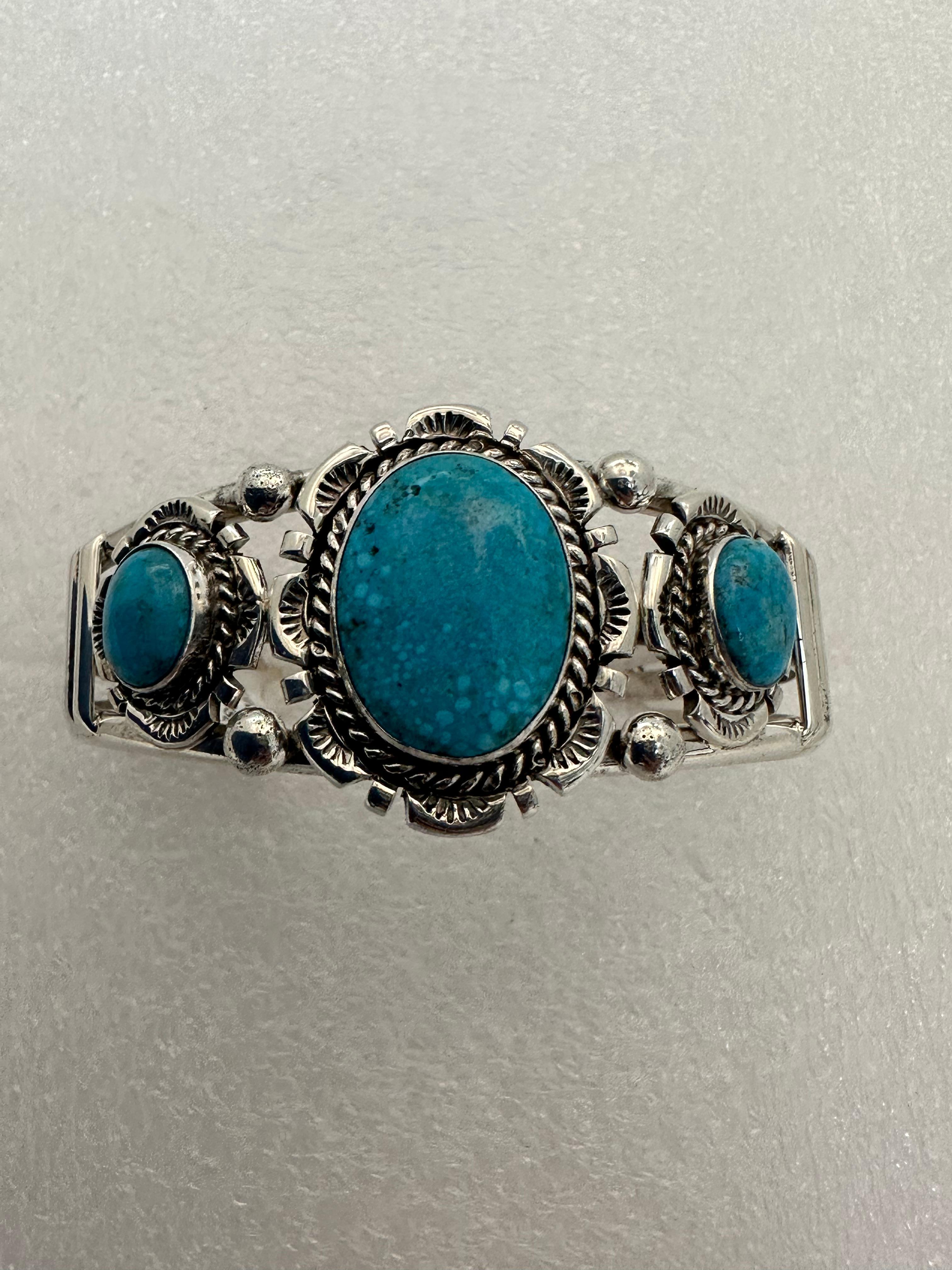 Artisan Navajo Sterling Silver .925 Kingman Turquoise Bracelet Signed By Augustine Largo For Sale