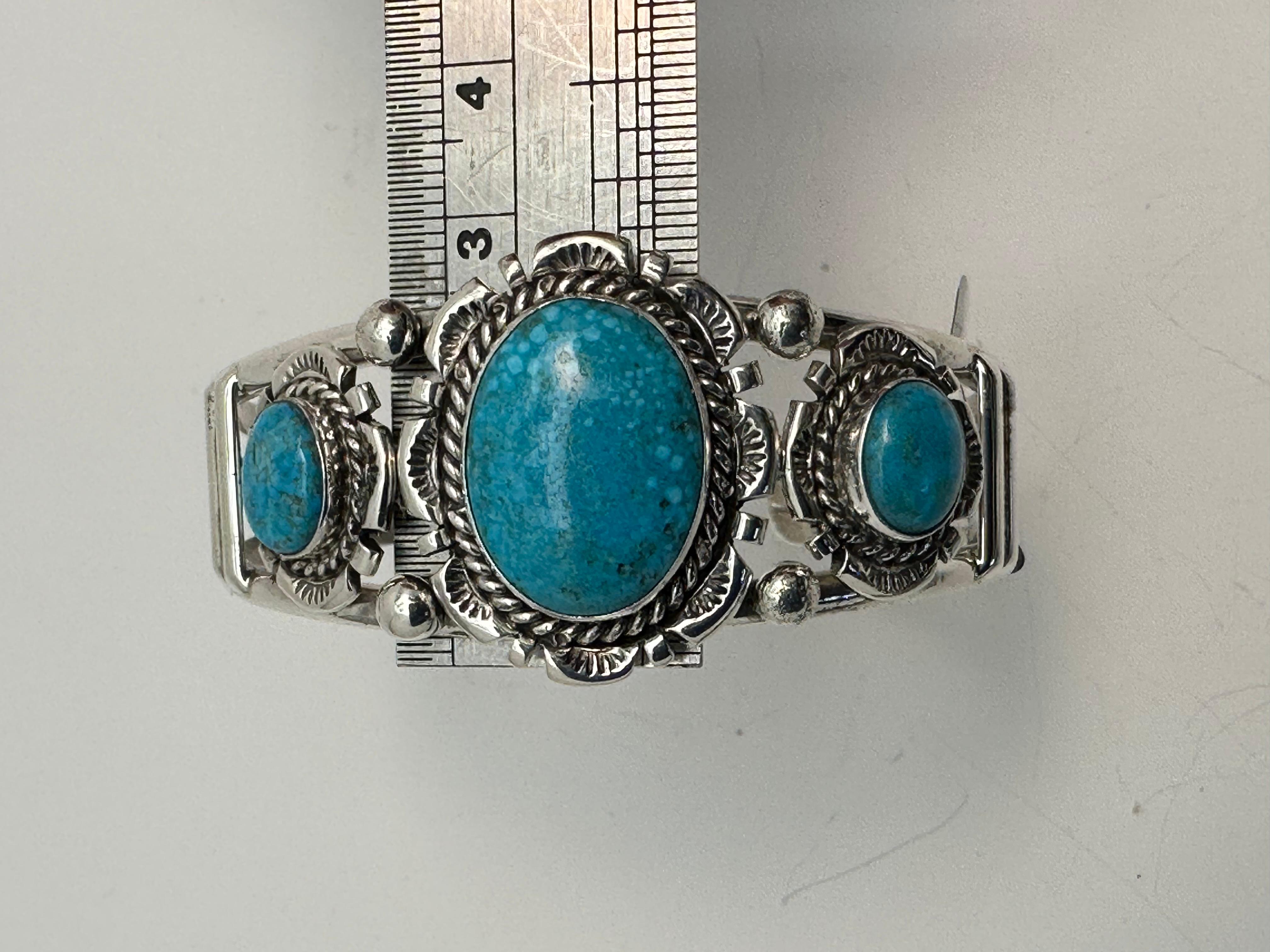 Cabochon Navajo Sterling Silver .925 Kingman Turquoise Bracelet Signed By Augustine Largo For Sale