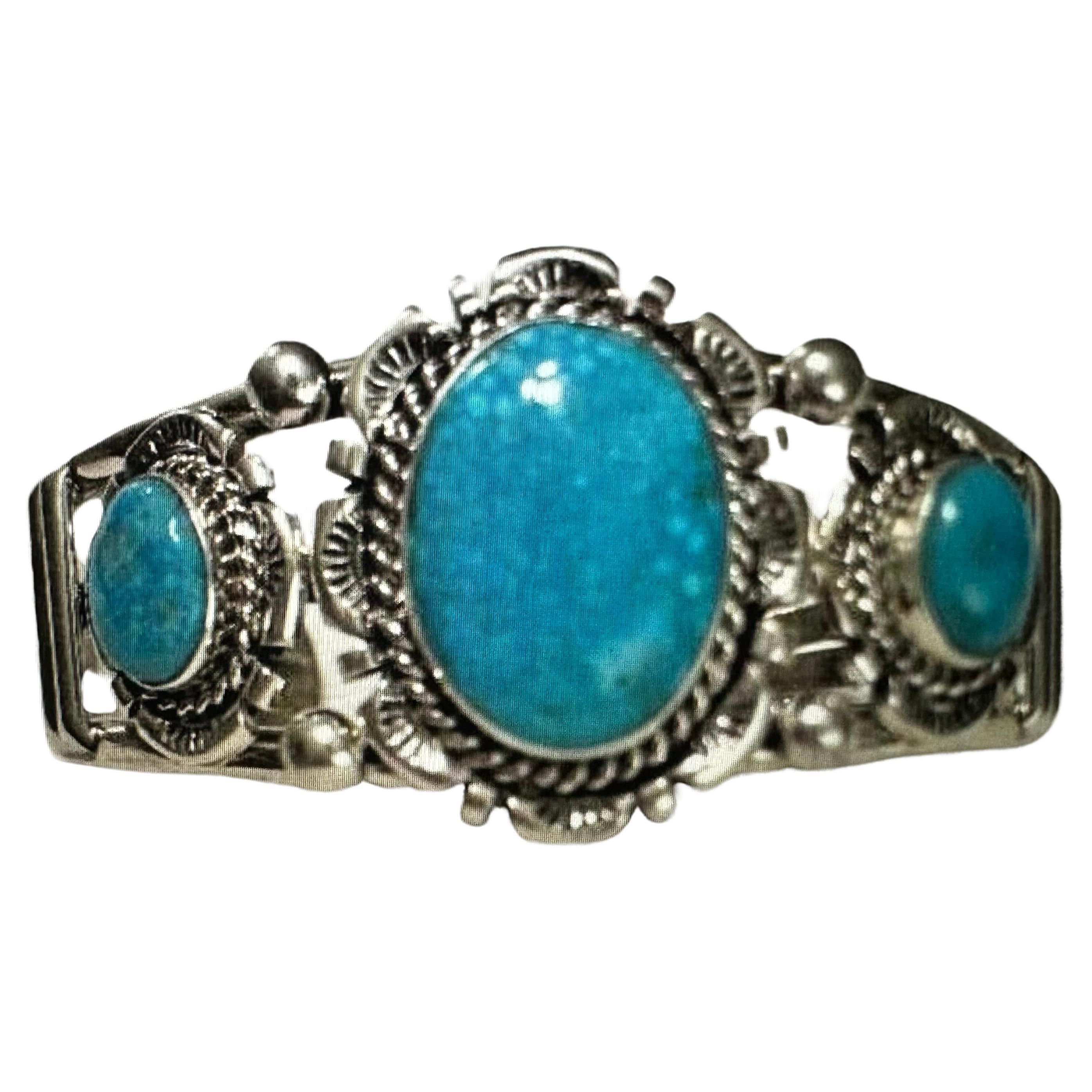 Navajo Sterling Silver .925 Kingman Turquoise Bracelet Signed By Augustine Largo