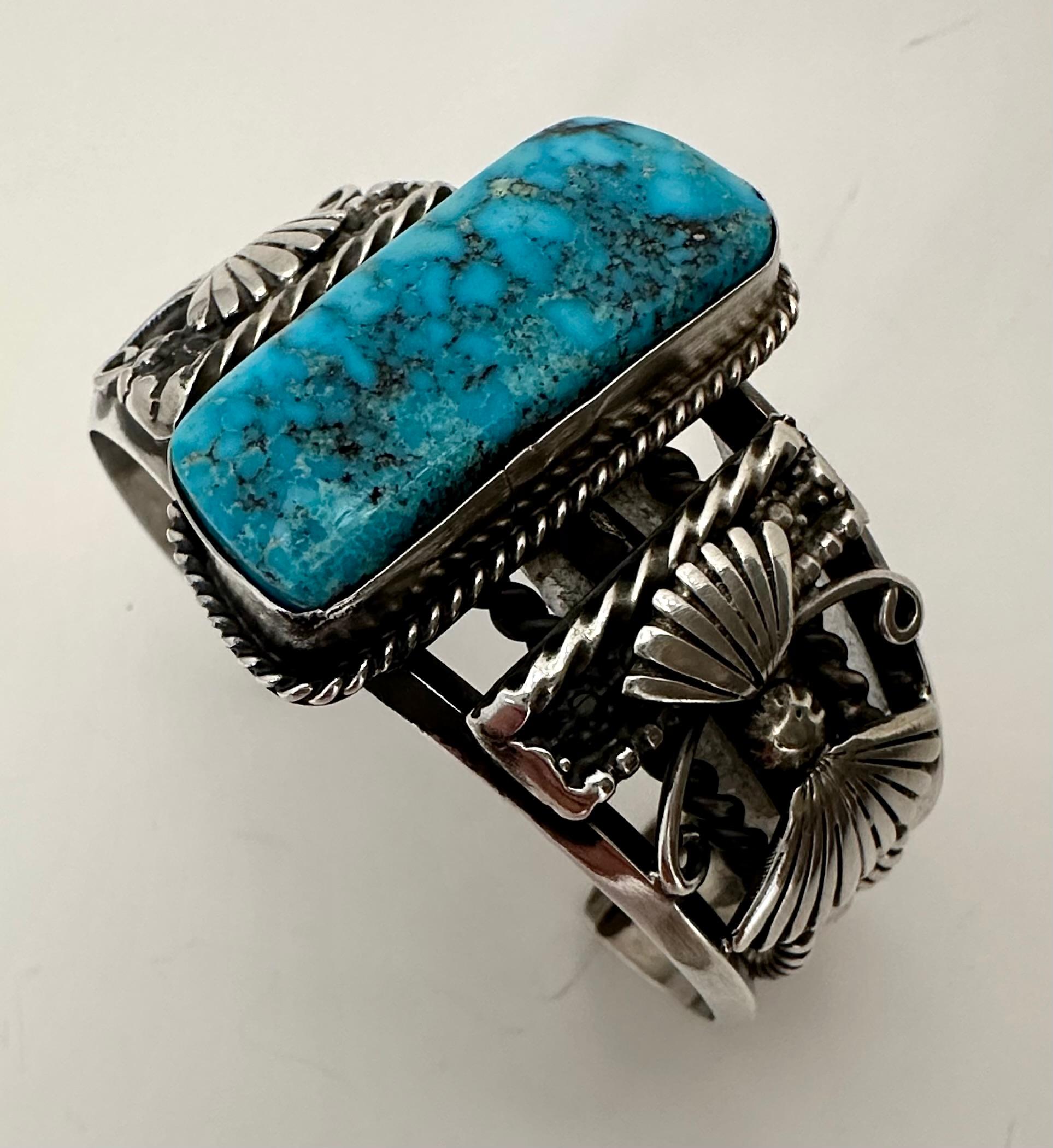 Cabochon Navajo ~ Sterling Silver .925 Kingman Turquoise Cuff Bracelet By Lorenzo James For Sale