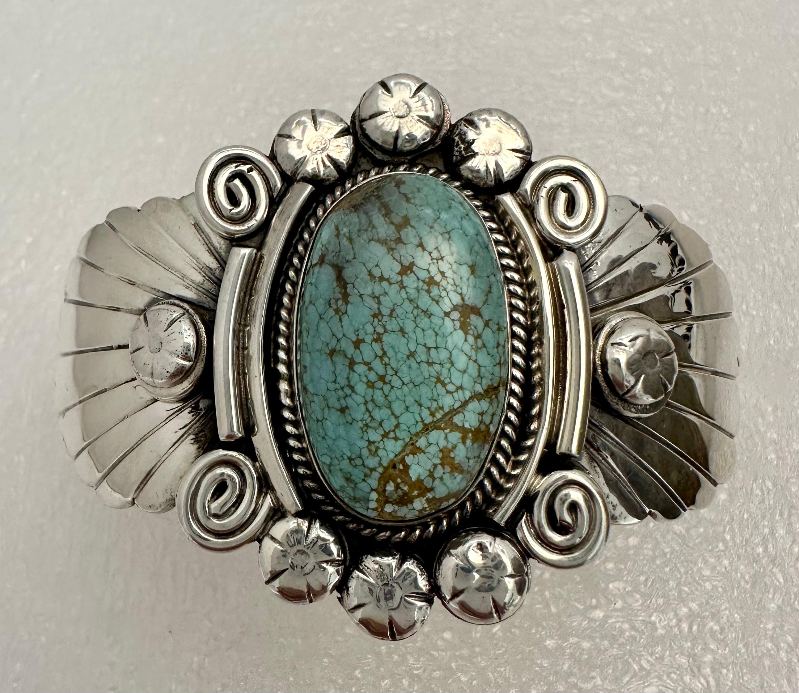 Sterling Silver .925 ~  Number # 8 Turquoise Bracelet 
Signed by Navajo Artist Gilbert Tom 
Approx 1 3/4