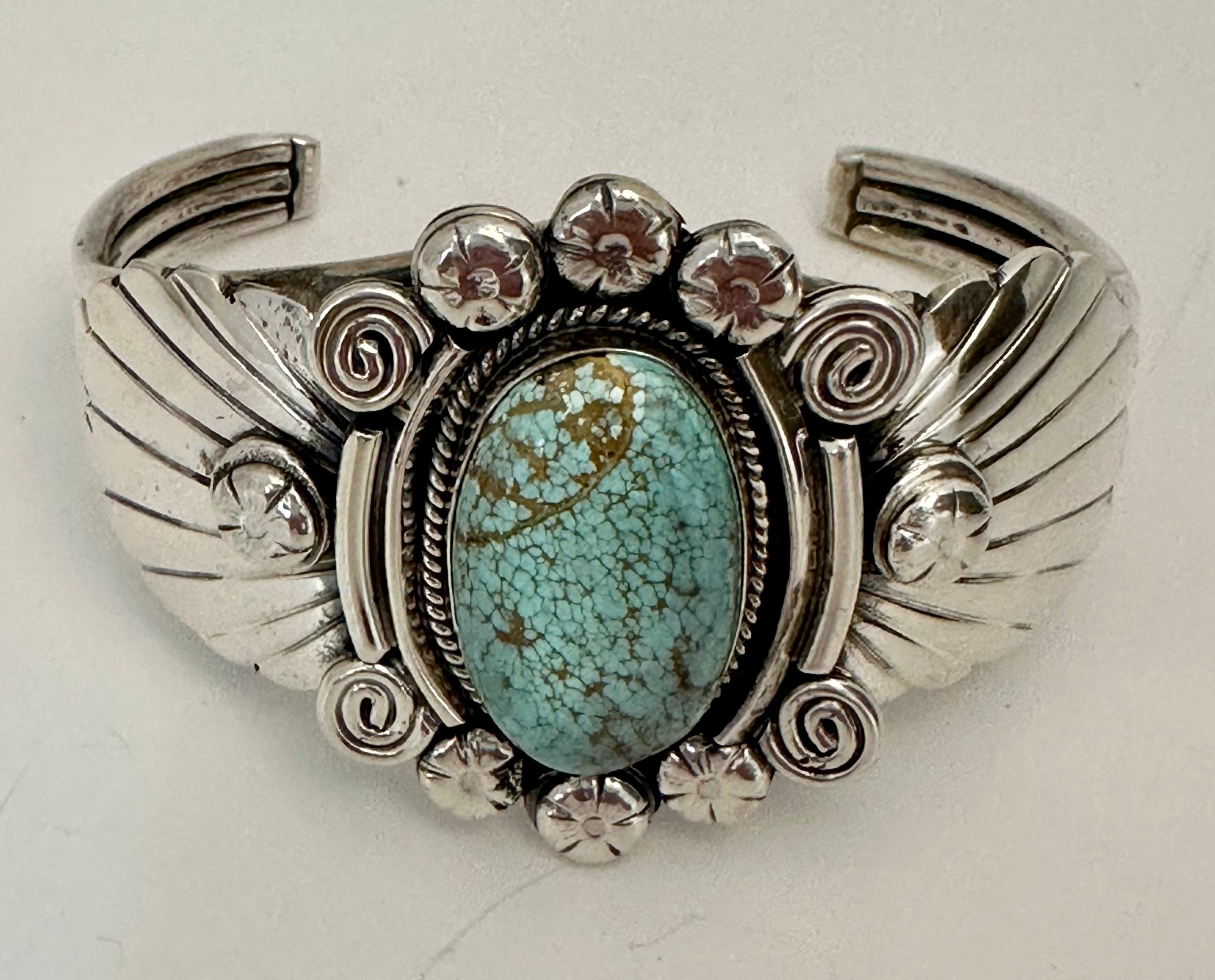 Cabochon Navajo Sterling Silver .925 Number #8 Turquoise Bracelet Signed Gilbert Tom For Sale