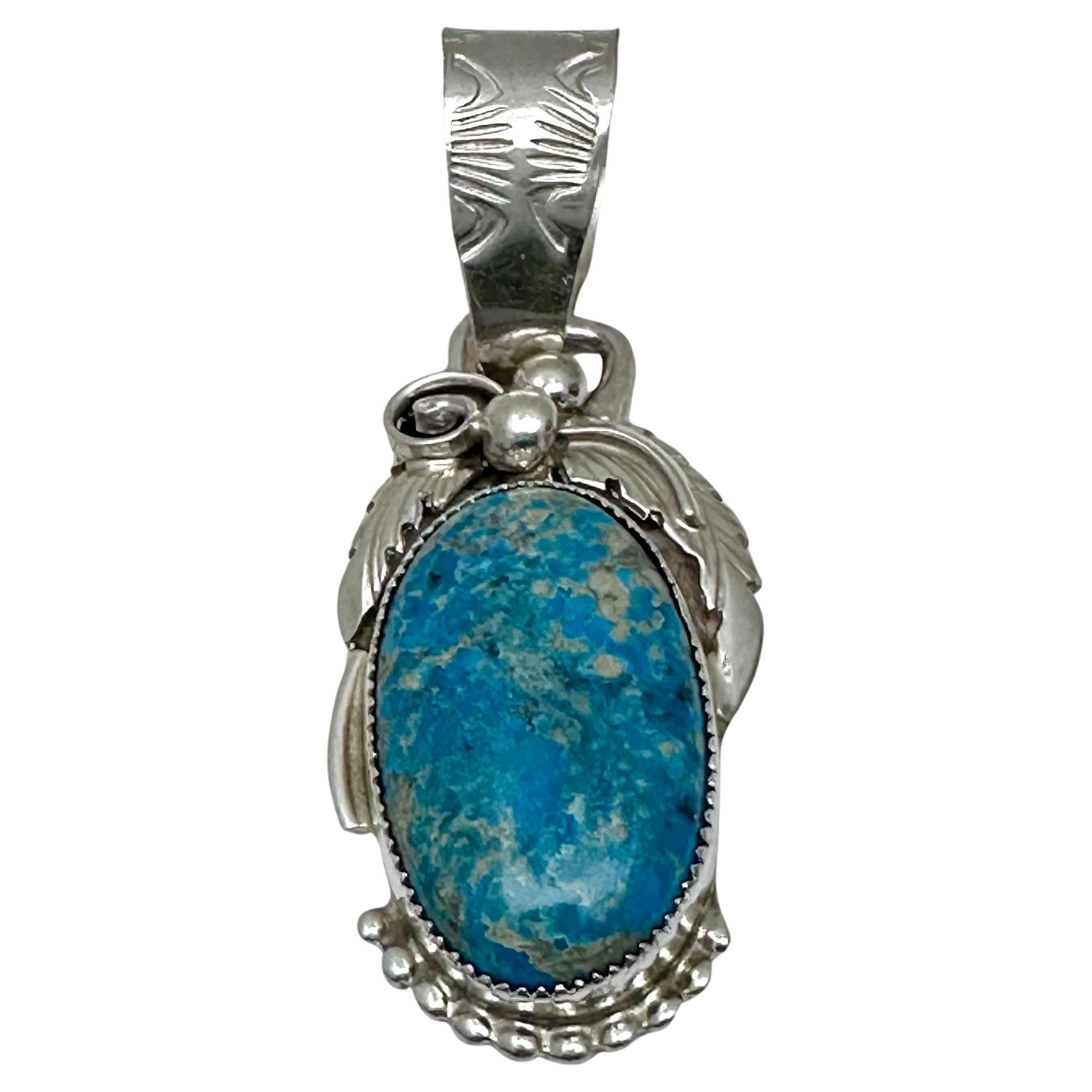 Navajo Sterling Silver .925 Oval Turquoise 1" x 2 1/2" Pendant by Silver Ray For Sale