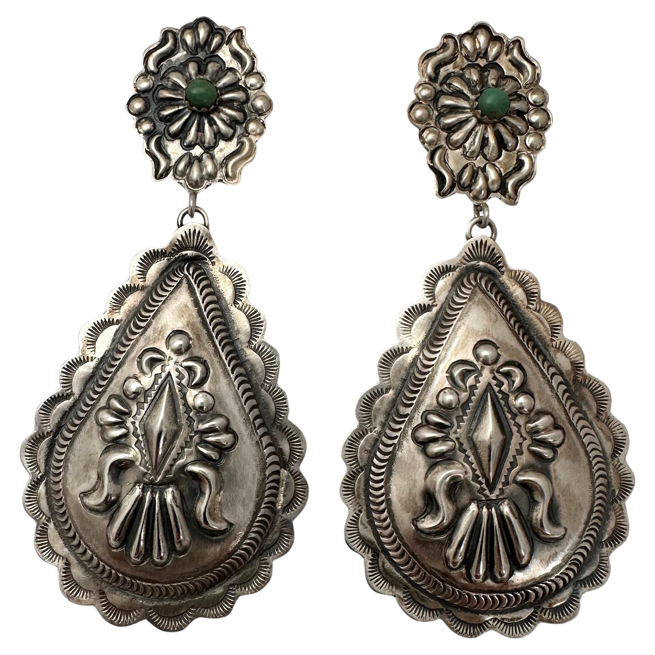 Navajo Sterling Silver .925 Repousse Turquoise Pear Shaped 1 1/2" x 3" Earrings For Sale