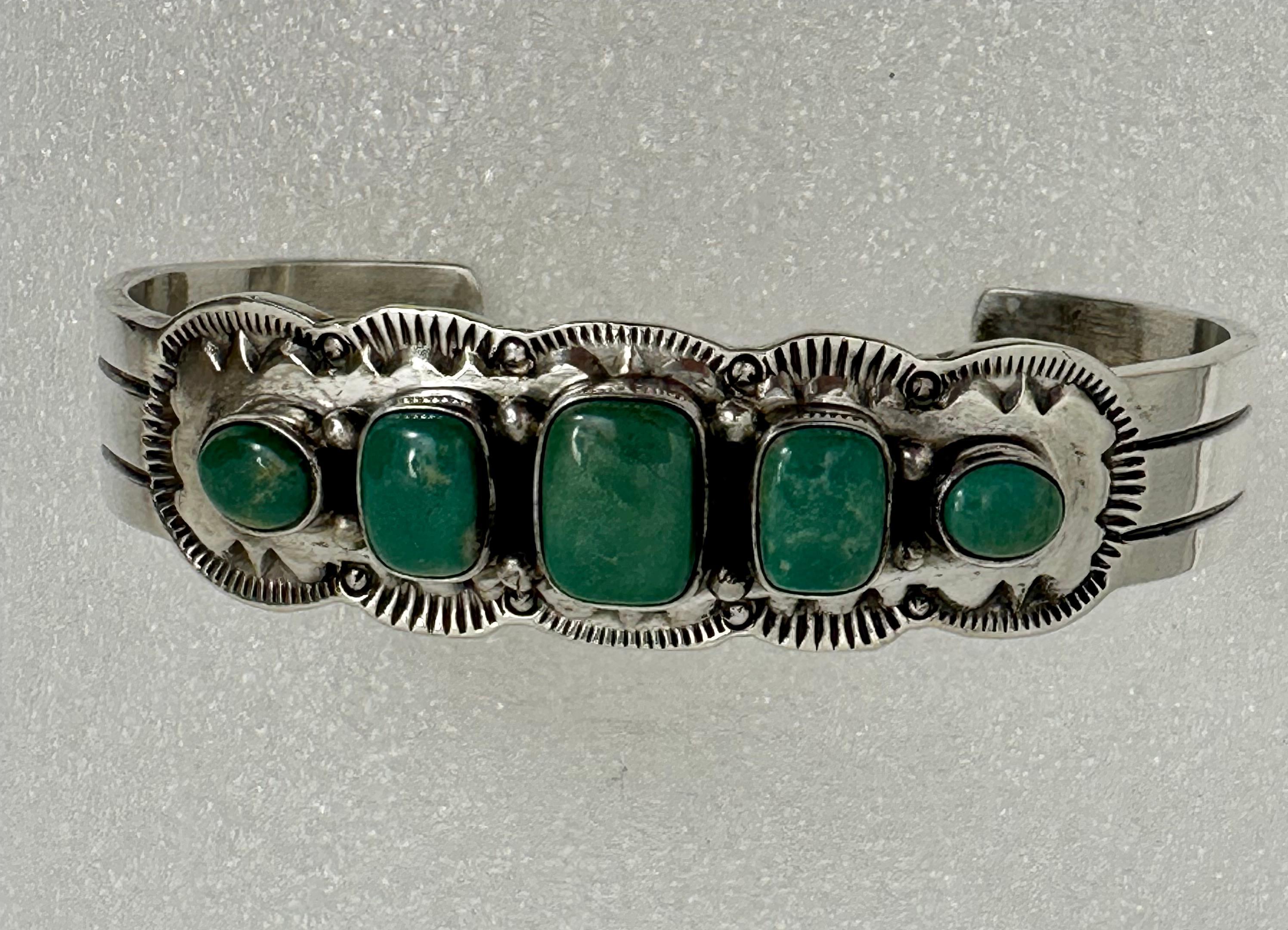 Artisan Navajo ~ Sterling Silver .925 ~ Royston Green Turquoise Bracelet Signed Bennett For Sale