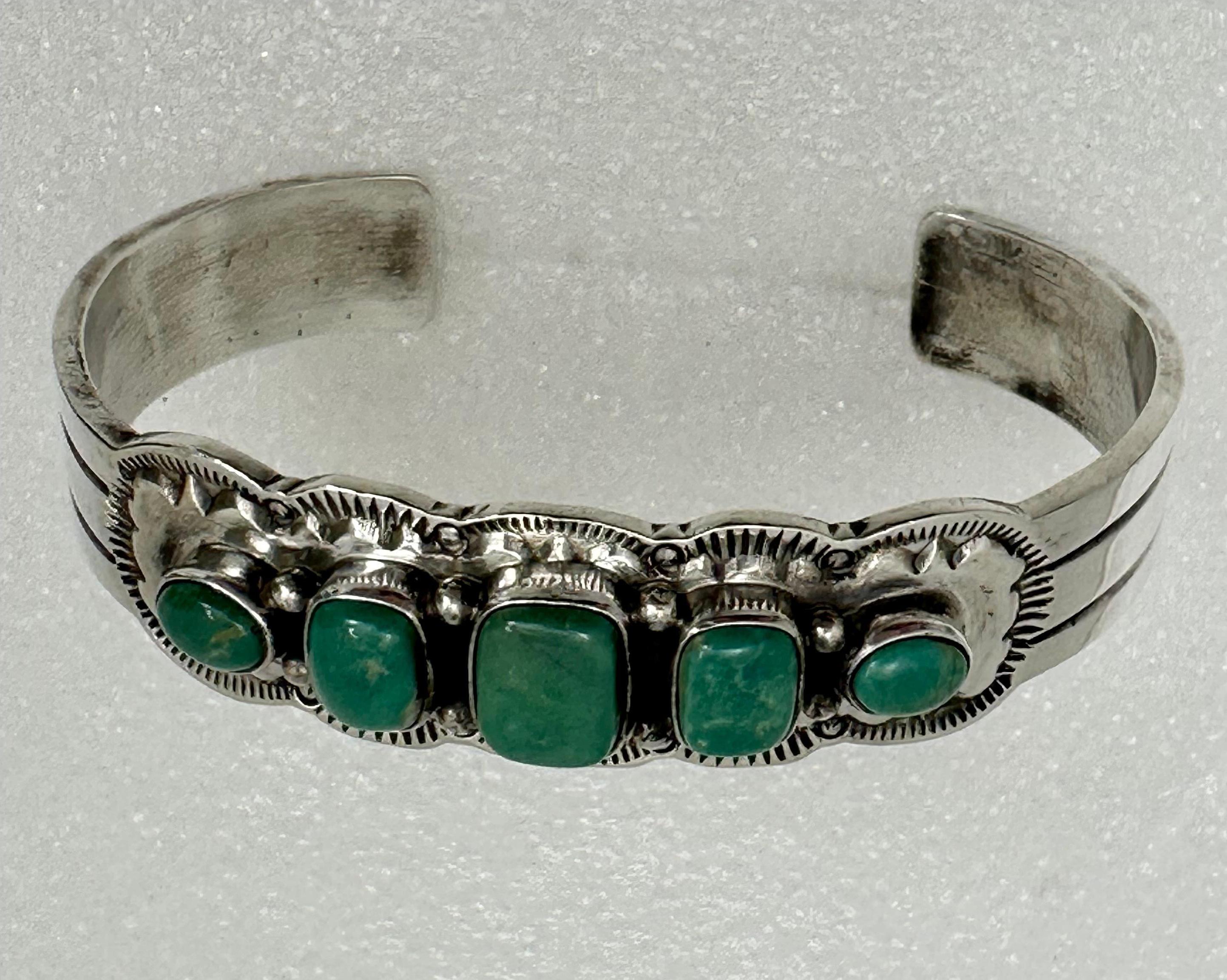Cabochon Navajo ~ Sterling Silver .925 ~ Royston Green Turquoise Bracelet Signed Bennett For Sale
