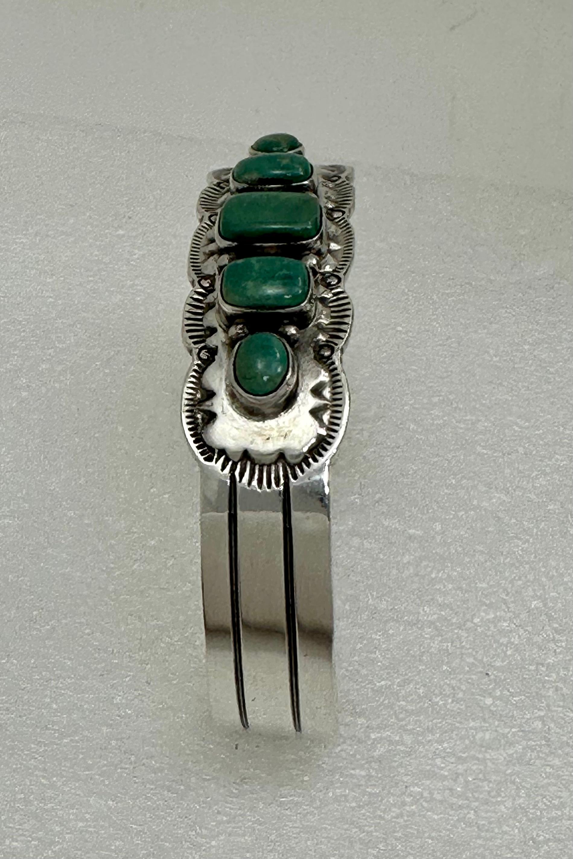 Artisan Navajo ~ Sterling Silver .925 ~ Royston Green Turquoise Bracelet Signed Bennett For Sale