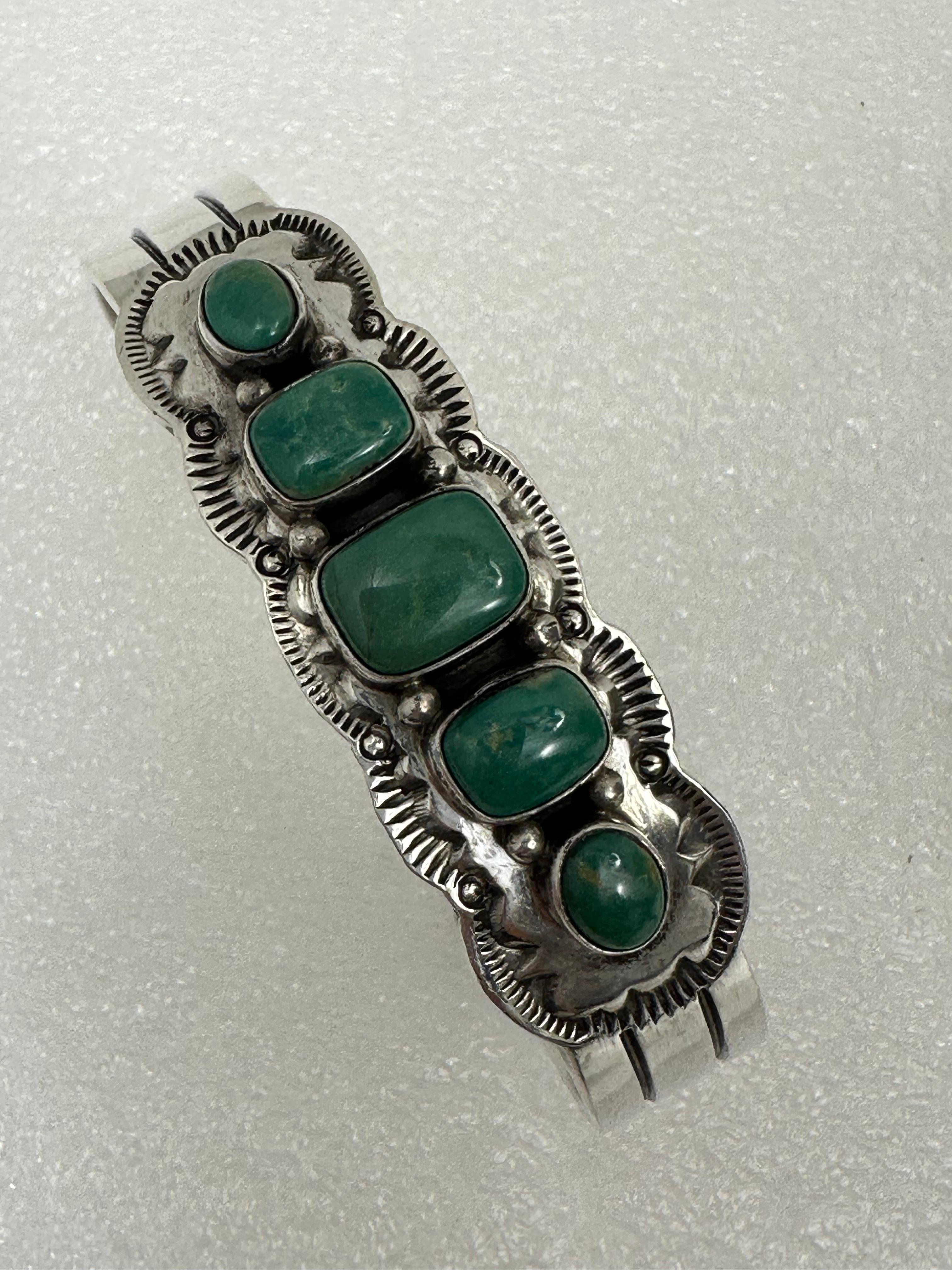 Cabochon Navajo ~ Sterling Silver .925 ~ Royston Green Turquoise Bracelet Signed Bennett For Sale