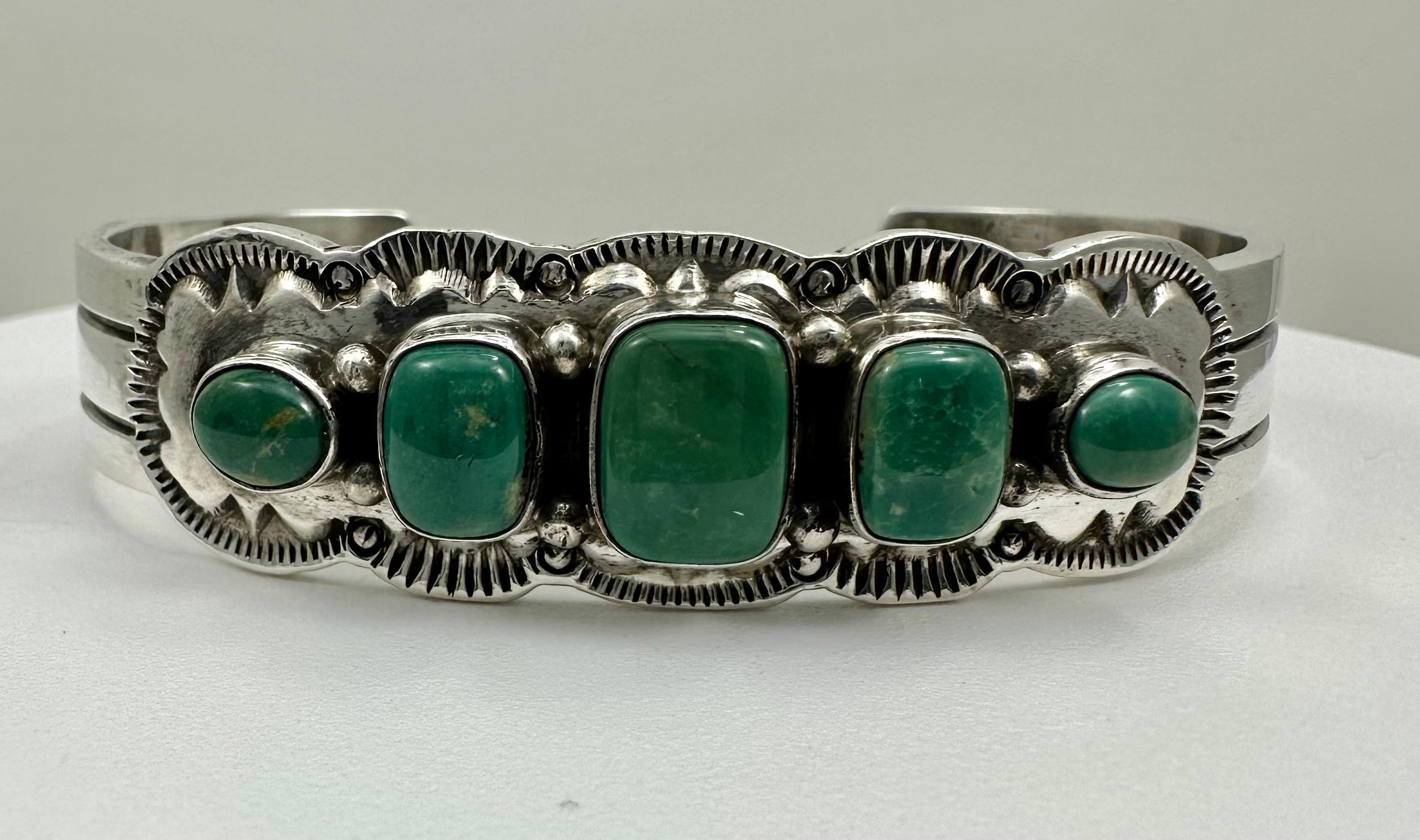 Navajo ~ Sterling Silver .925 ~ Royston Green Turquoise Bracelet Signed Bennett