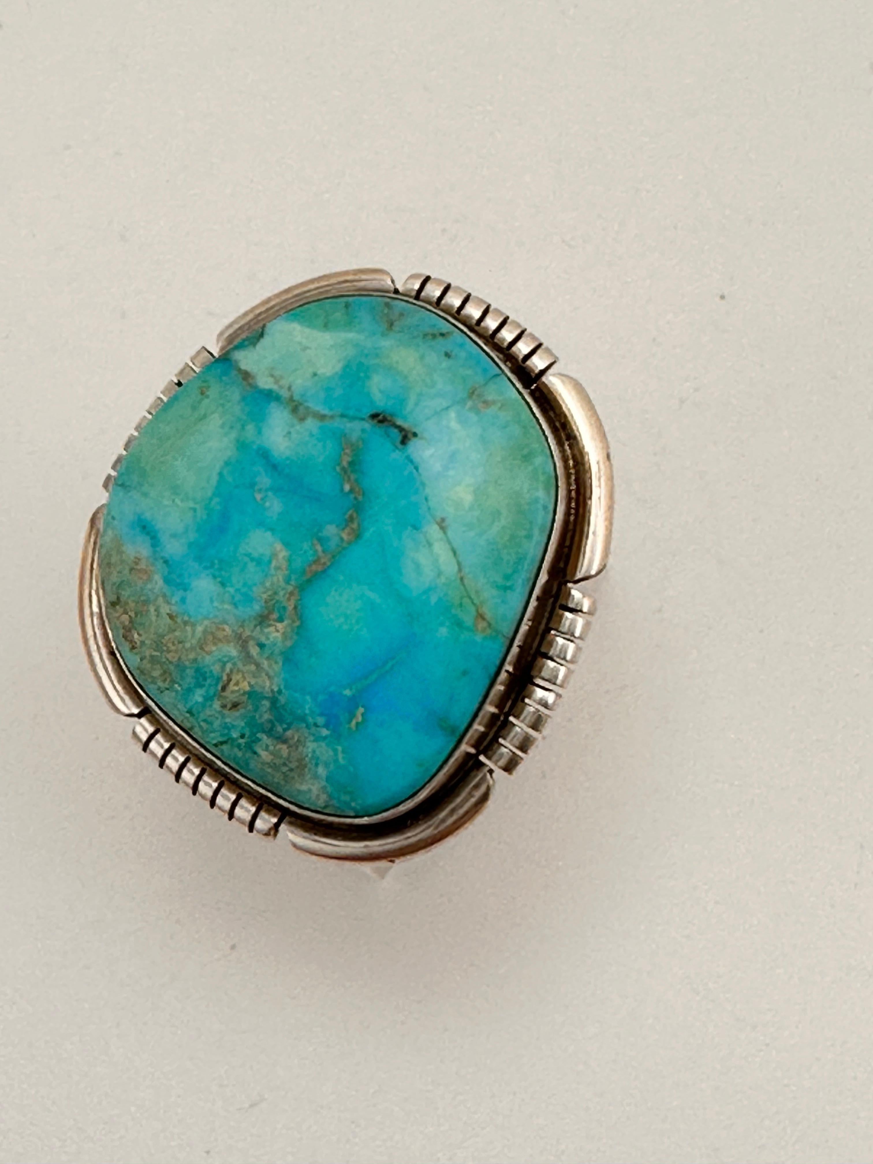 Cabochon Navajo ~ Sterling Silver .925 Sleeping Beauty Turquoise 27mm x 29mm Ring Size 7