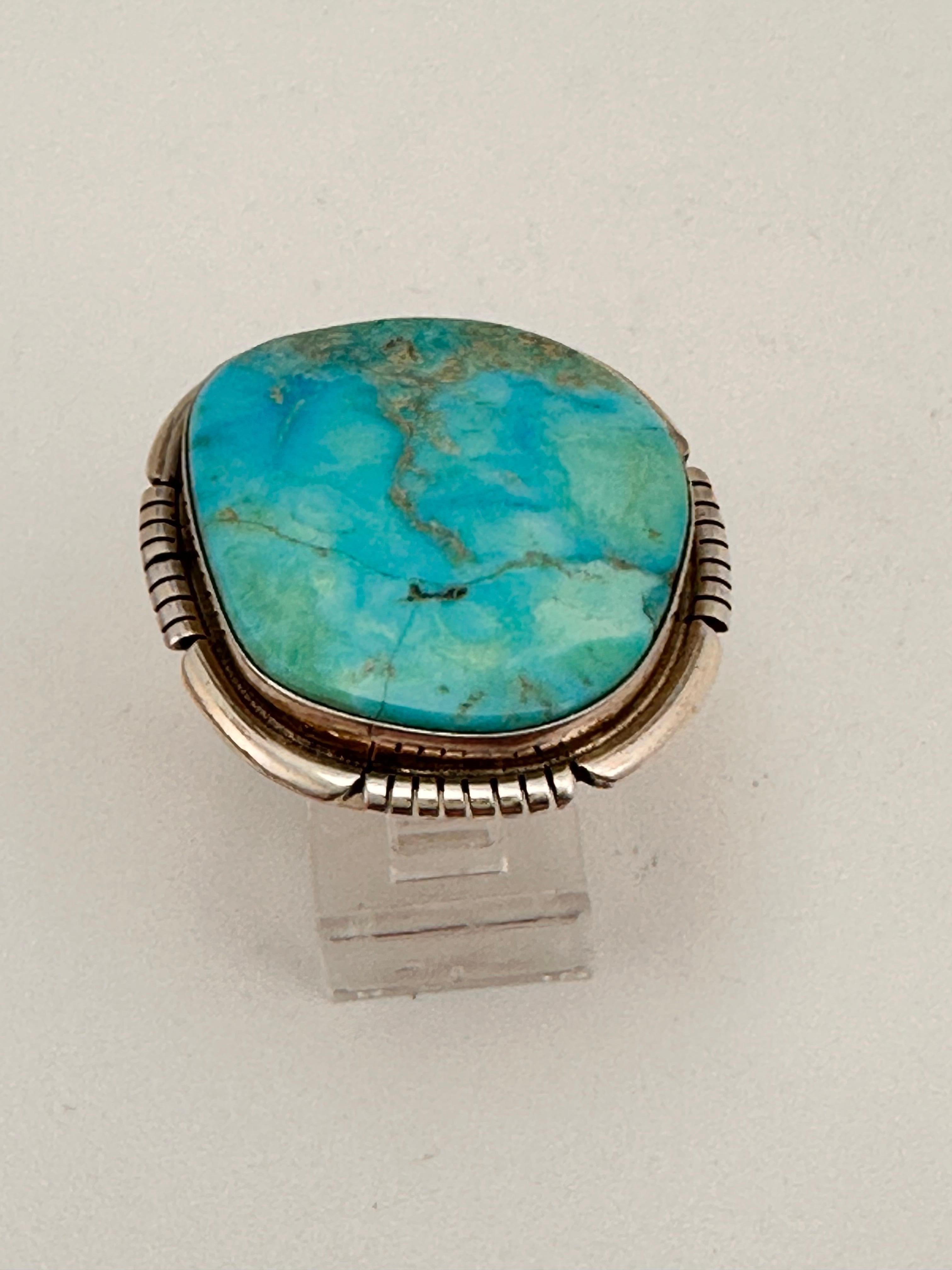 Navajo ~ Sterling Silver .925 Sleeping Beauty Turquoise 27mm x 29mm Ring Size 7 In New Condition In Las Vegas, NV