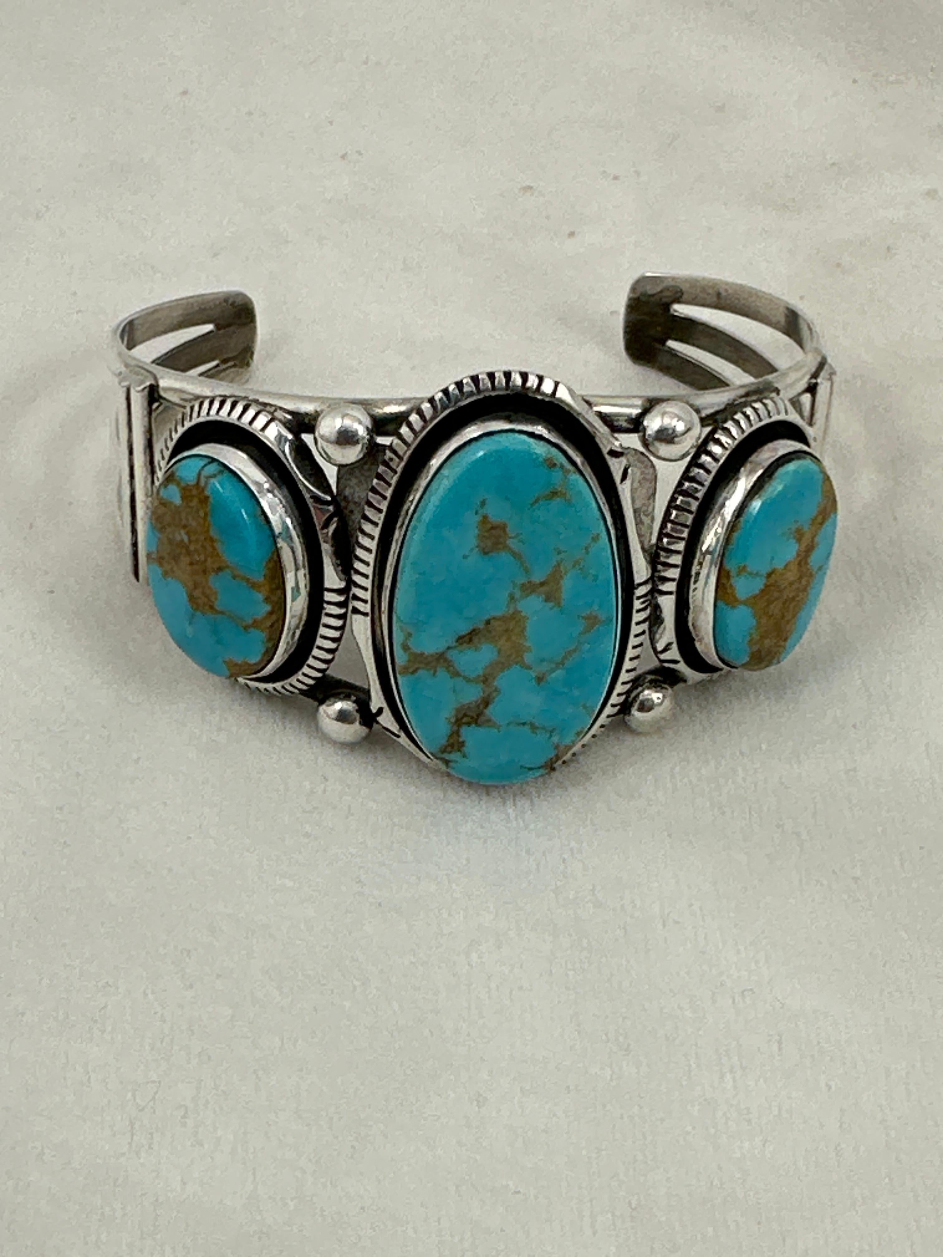 Amérindien Argent sterling Navajo  Bracelet manchette Sleeping Beauty Turquoise Augustine Largo en vente