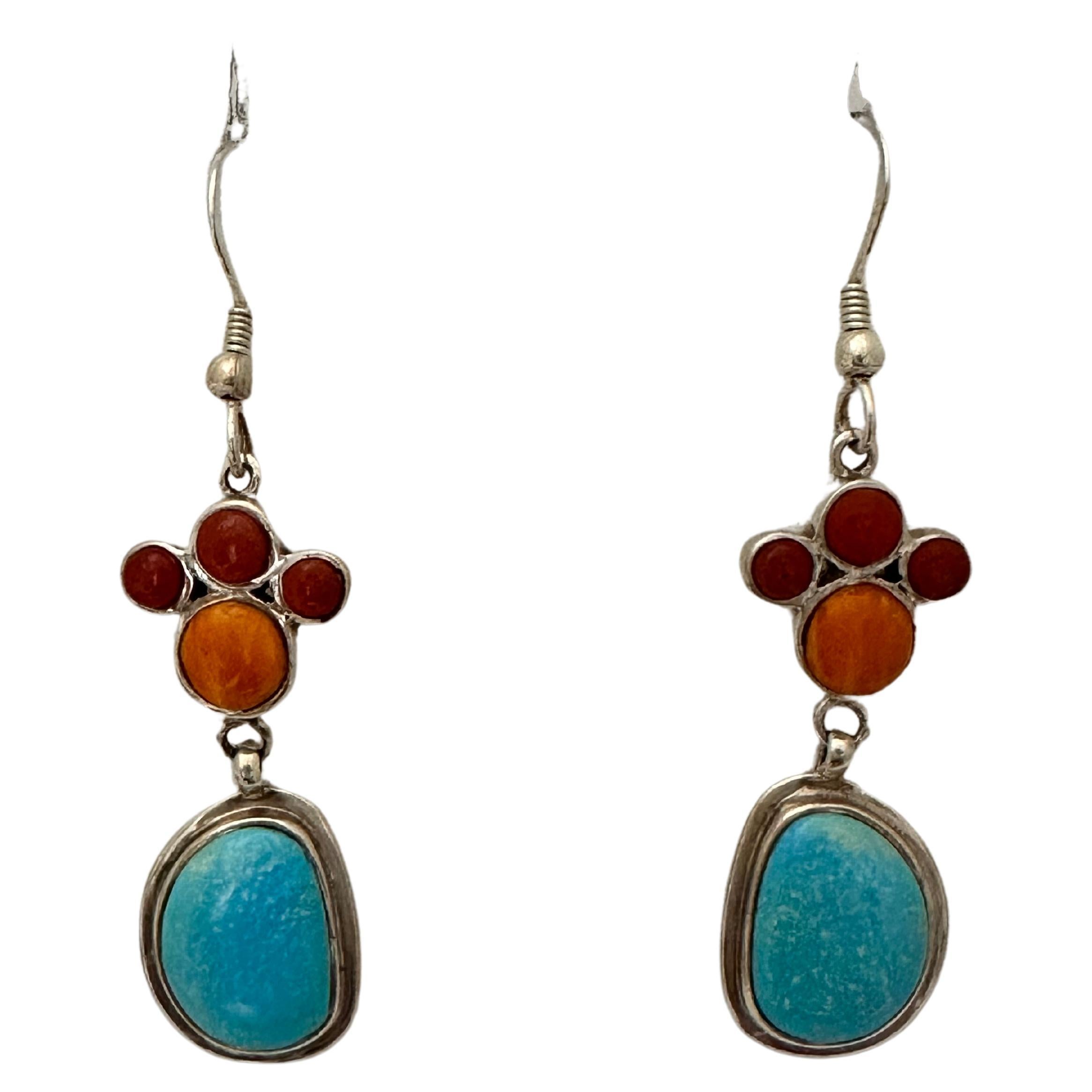 Navajo Sterling Silver .925 Sleeping Beauty Turquoise Coral 2" Earrings MN Dini For Sale