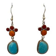 Used Navajo Sterling Silver .925 Sleeping Beauty Turquoise Coral 2" Earrings MN Dini