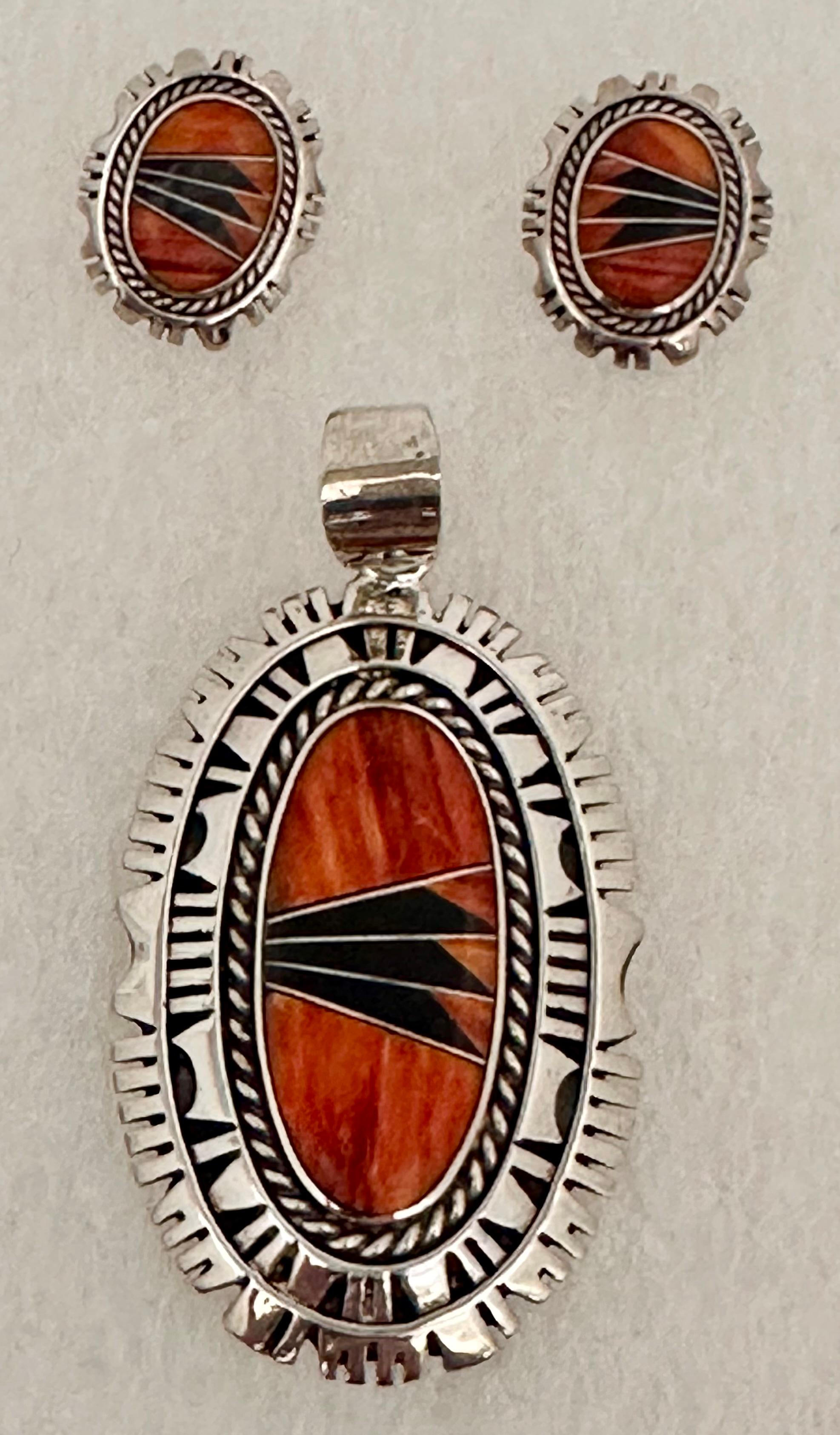 Navajo Sterling Silver .925 Spiny Coral Onyx Earrings & Pendant Set Signed For Sale 4