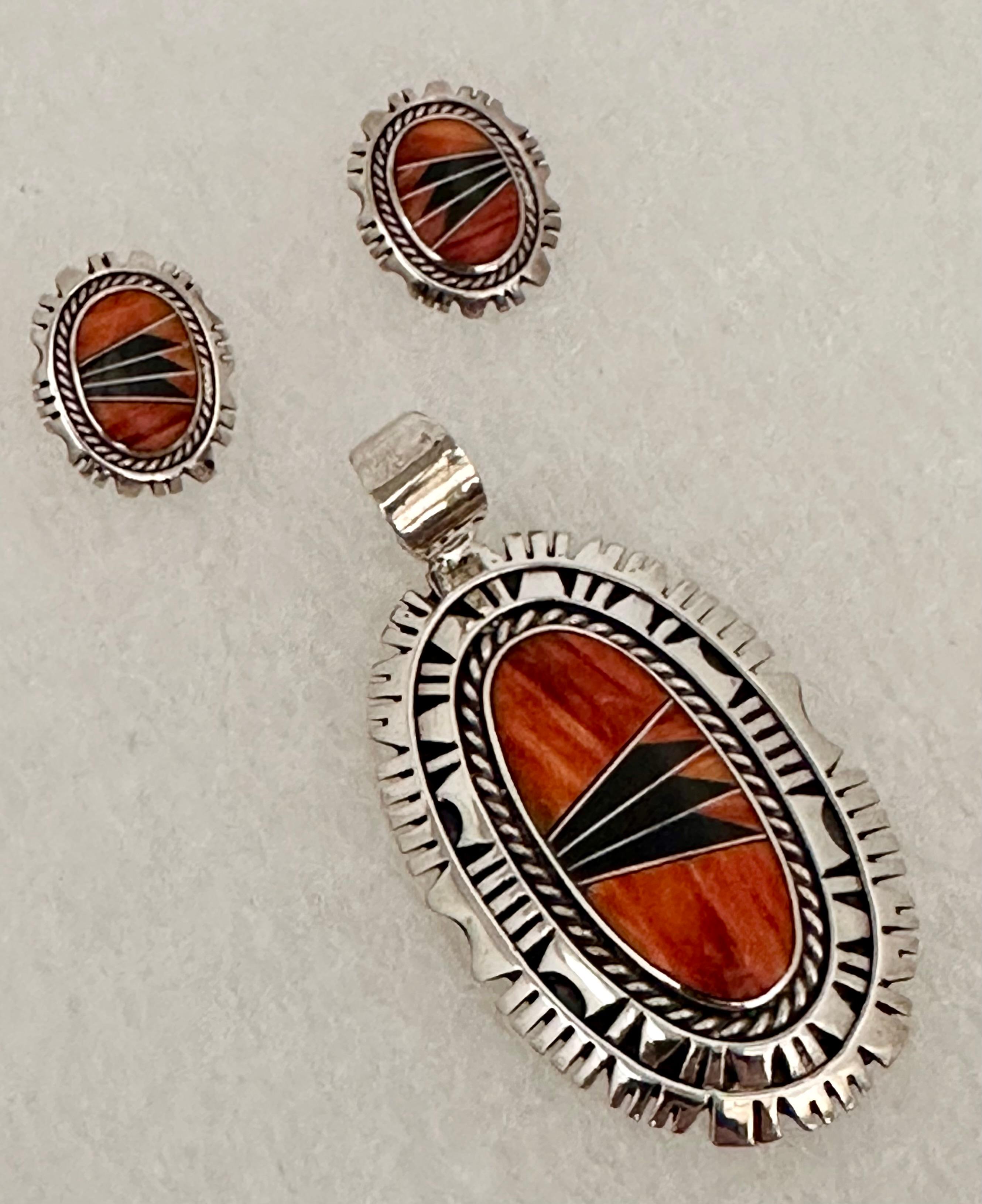 Navajo Sterling Silver .925 Spiny Coral Onyx Earrings & Pendant Set Signed For Sale 5