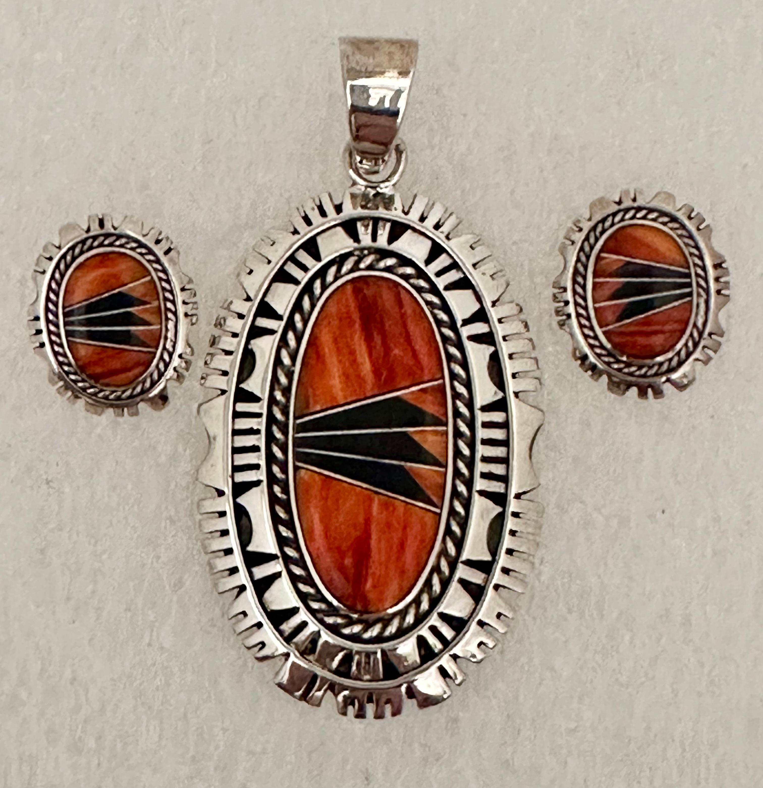 Signed ~ Navajo Sterling Silver .925  Spiny Coral and Onyx Inlay Earrings & Pendant Set 
earrings approx 1/2