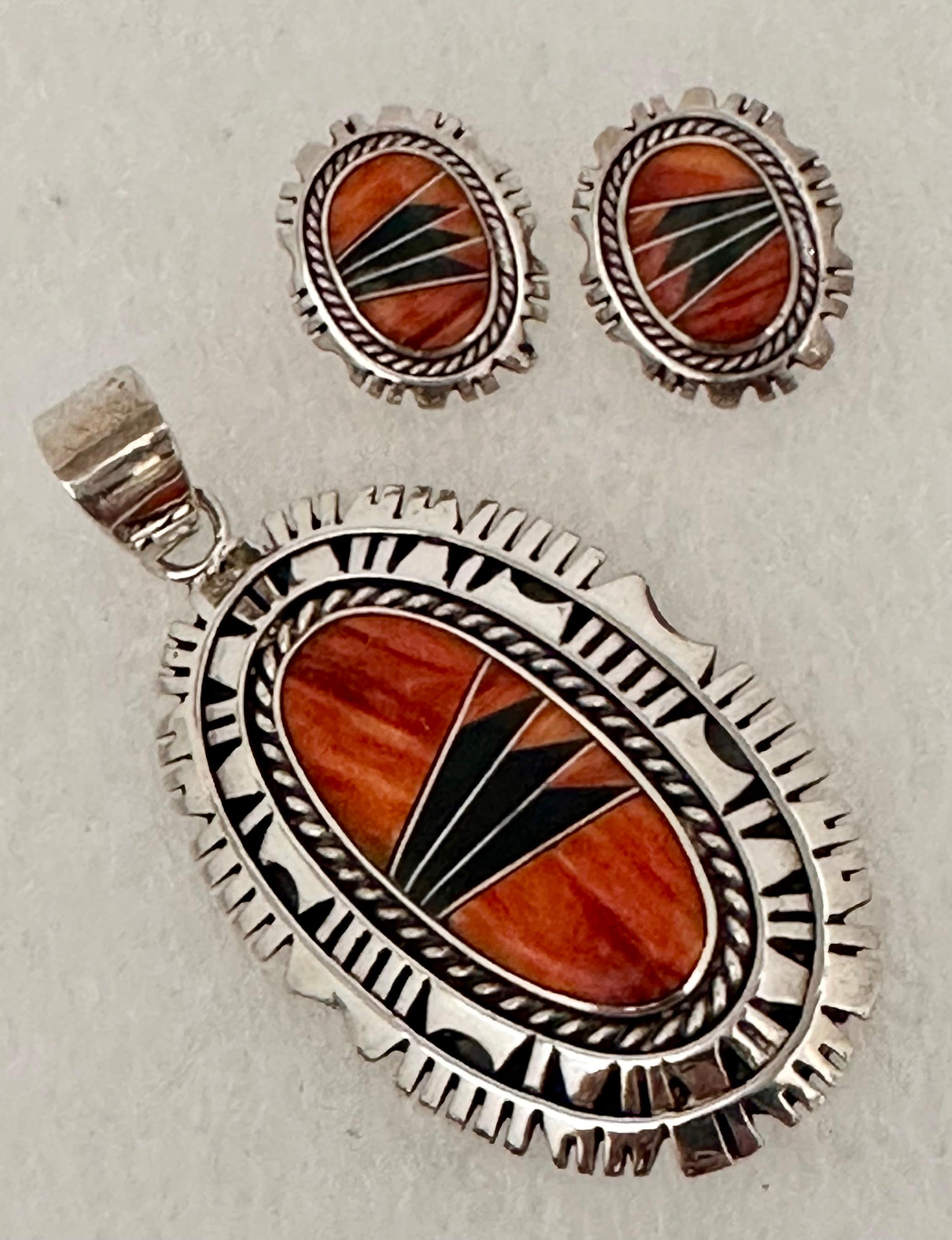 Cabochon Navajo Sterling Silver .925 Spiny Coral Onyx Earrings & Pendant Set Signed For Sale
