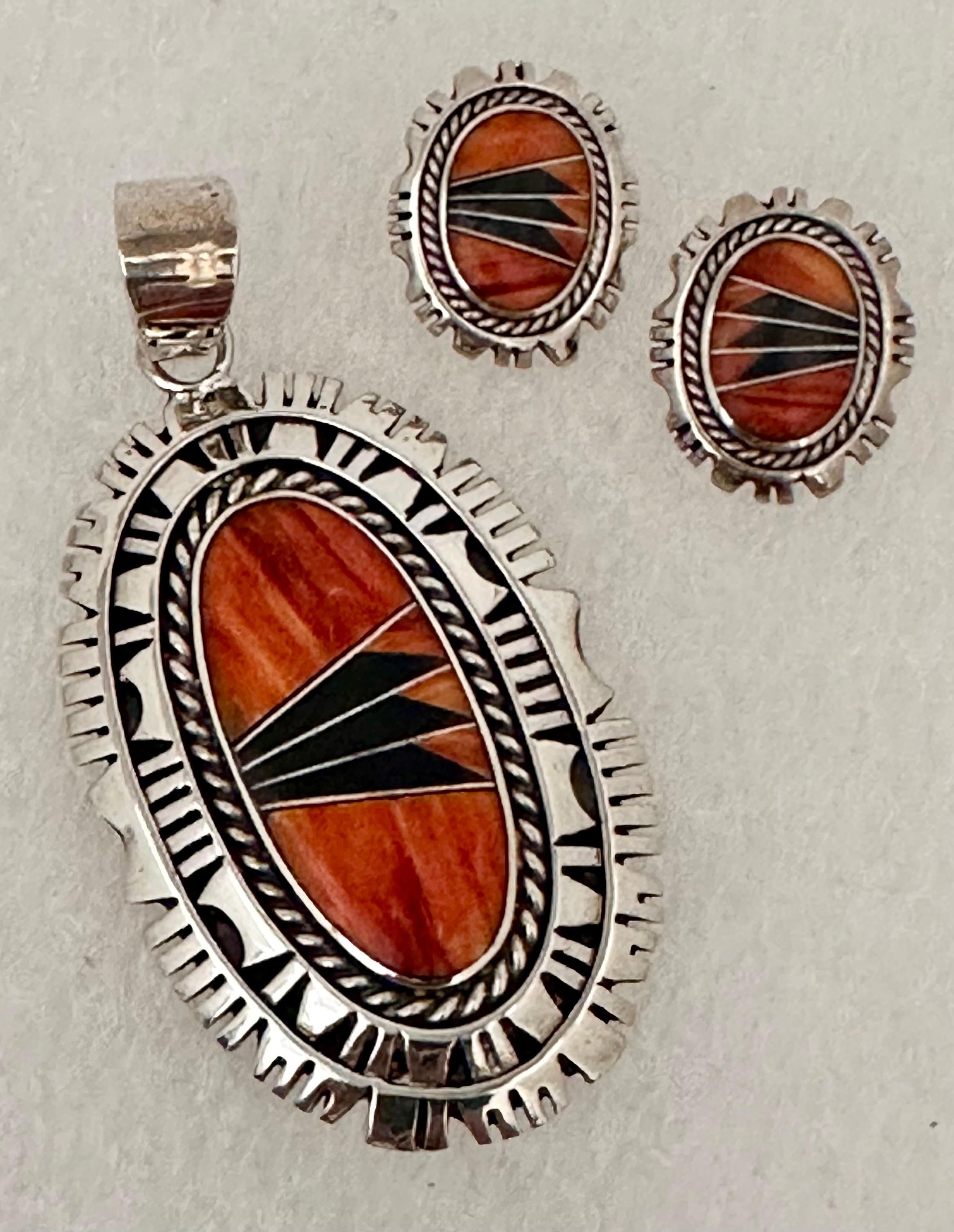 Navajo Sterling Silver .925 Spiny Coral Onyx Earrings & Pendant Set Signed In New Condition For Sale In Las Vegas, NV