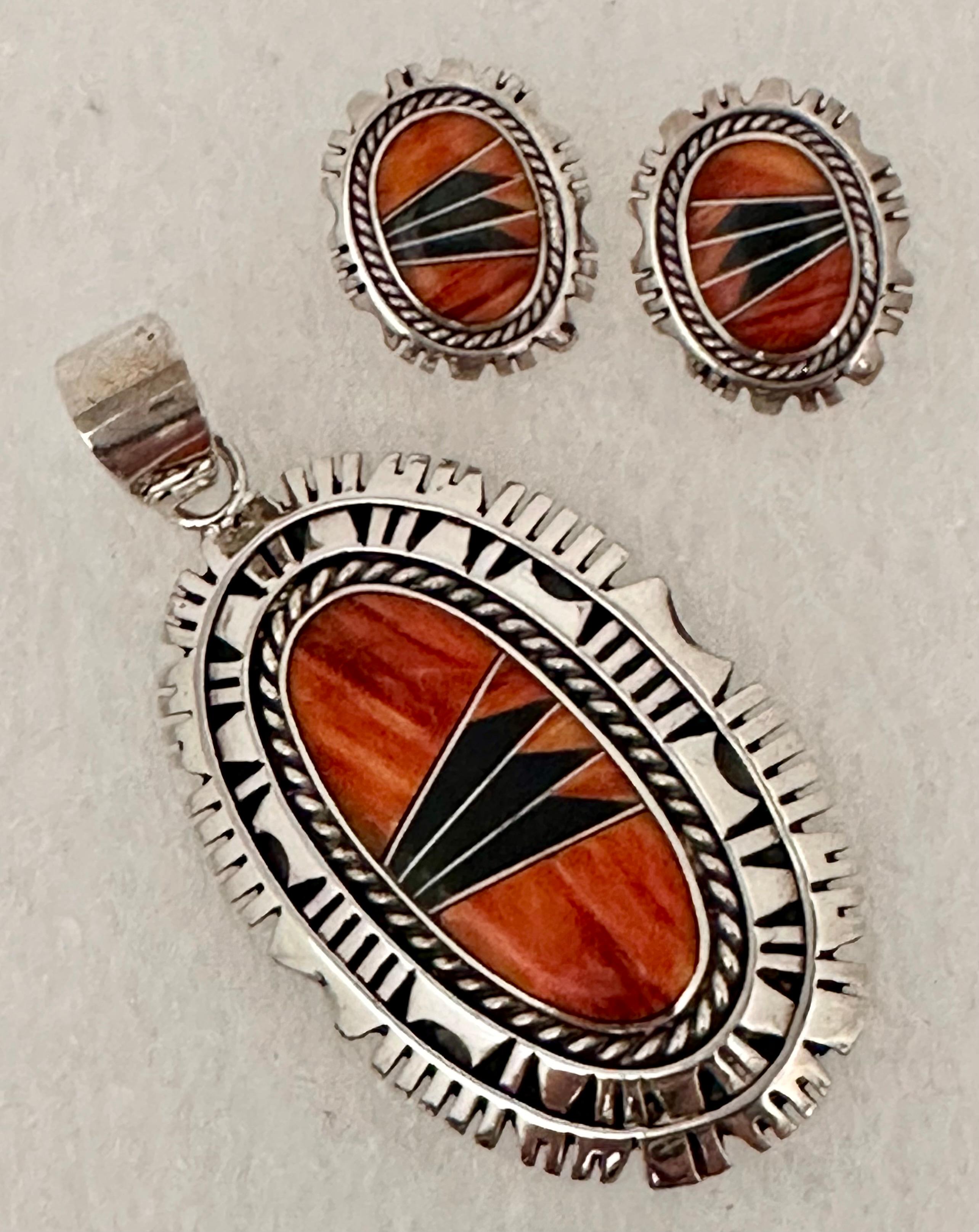 Women's Navajo Sterling Silver .925 Spiny Coral Onyx Earrings & Pendant Set Signed For Sale