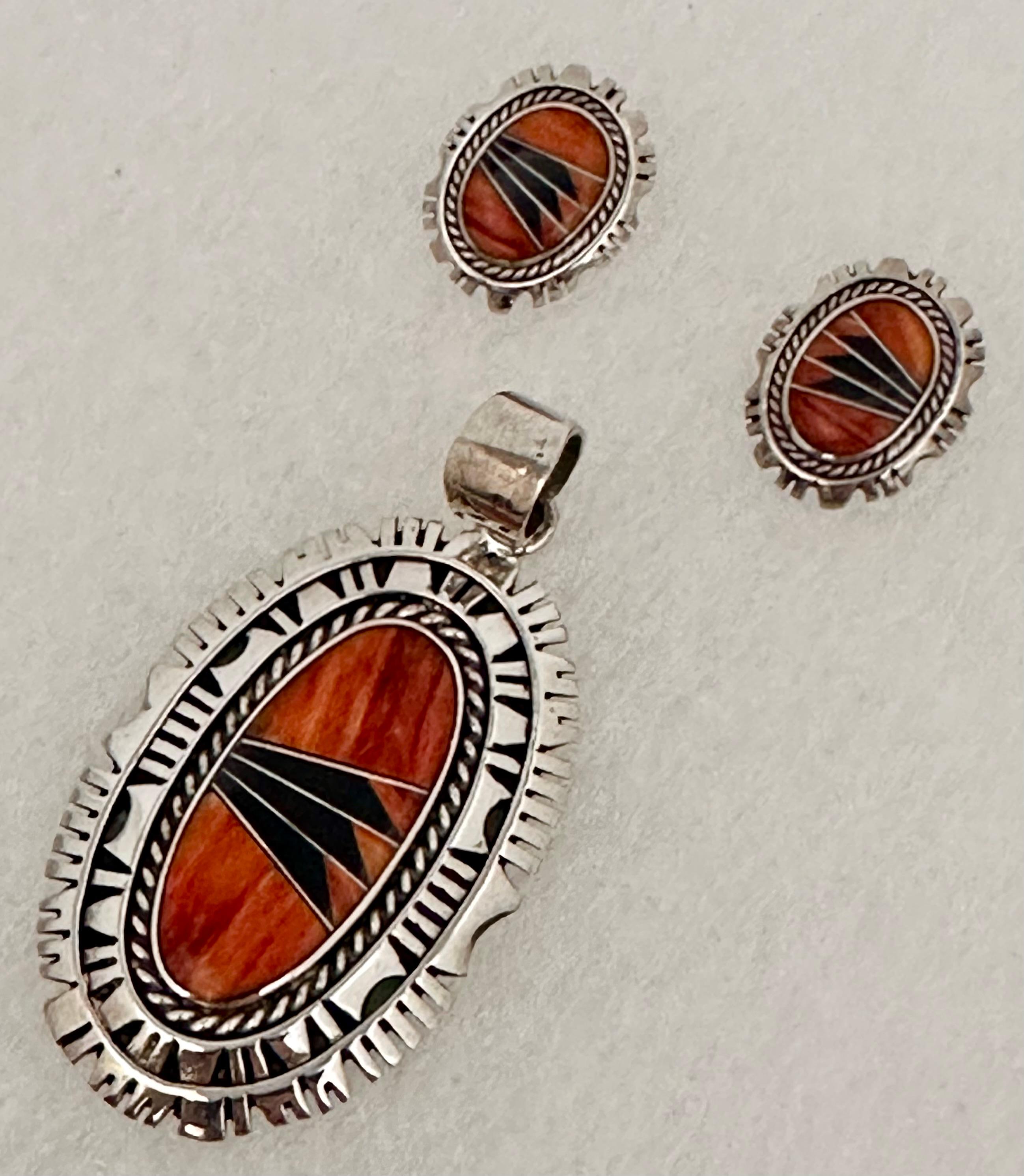 Navajo Sterling Silver .925 Spiny Coral Onyx Earrings & Pendant Set Signed For Sale 3
