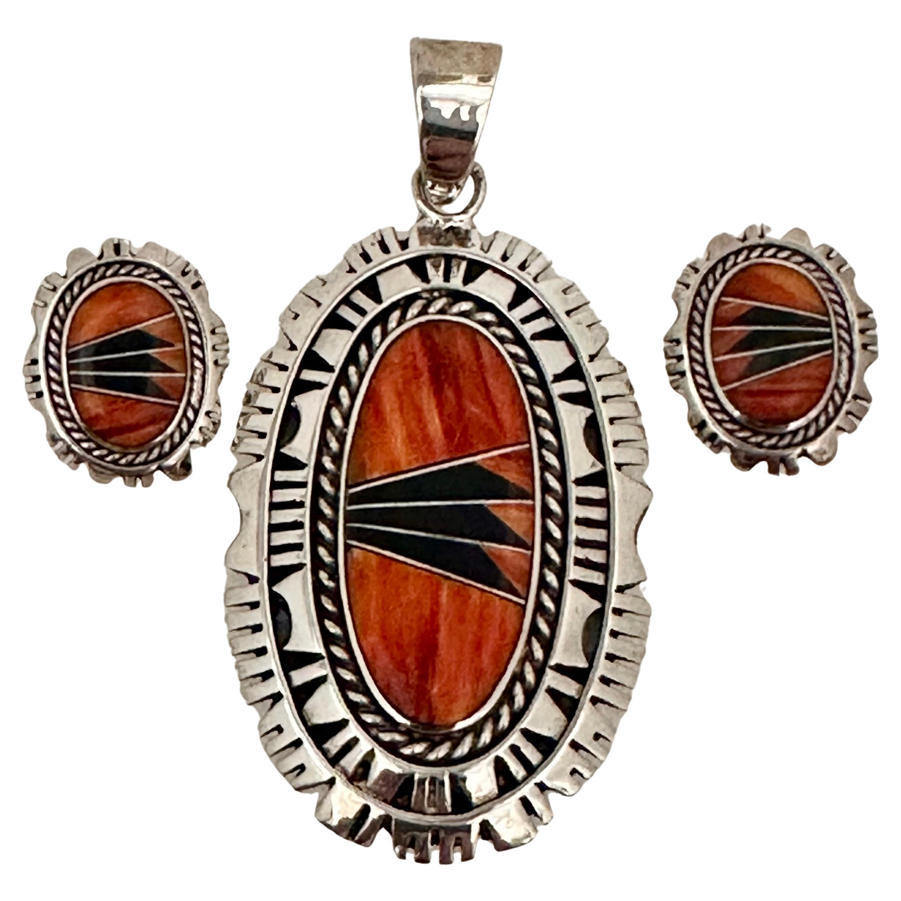 Navajo Sterling Silver .925 Spiny Coral Onyx Earrings & Pendant Set Signed