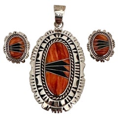 Used Navajo Sterling Silver .925 Spiny Coral Onyx Earrings & Pendant Set Signed