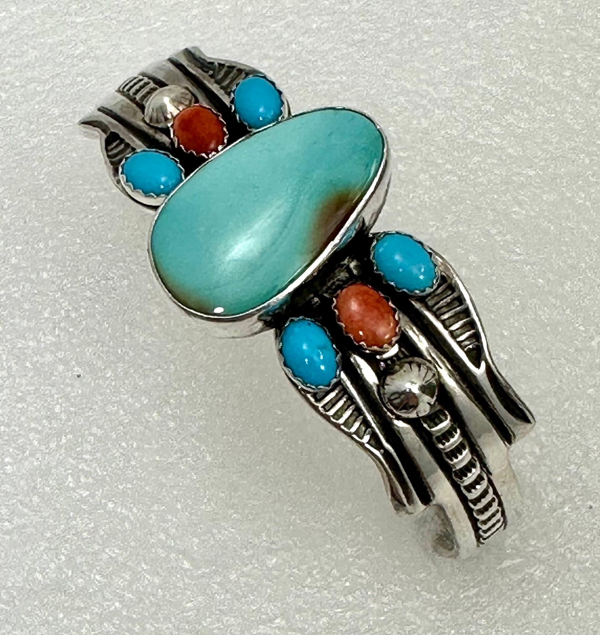 Sterling Silver .925 Turquoise & Coral Bracelet 
Signed by Navajo Artist Daniel Miko
2 1/2