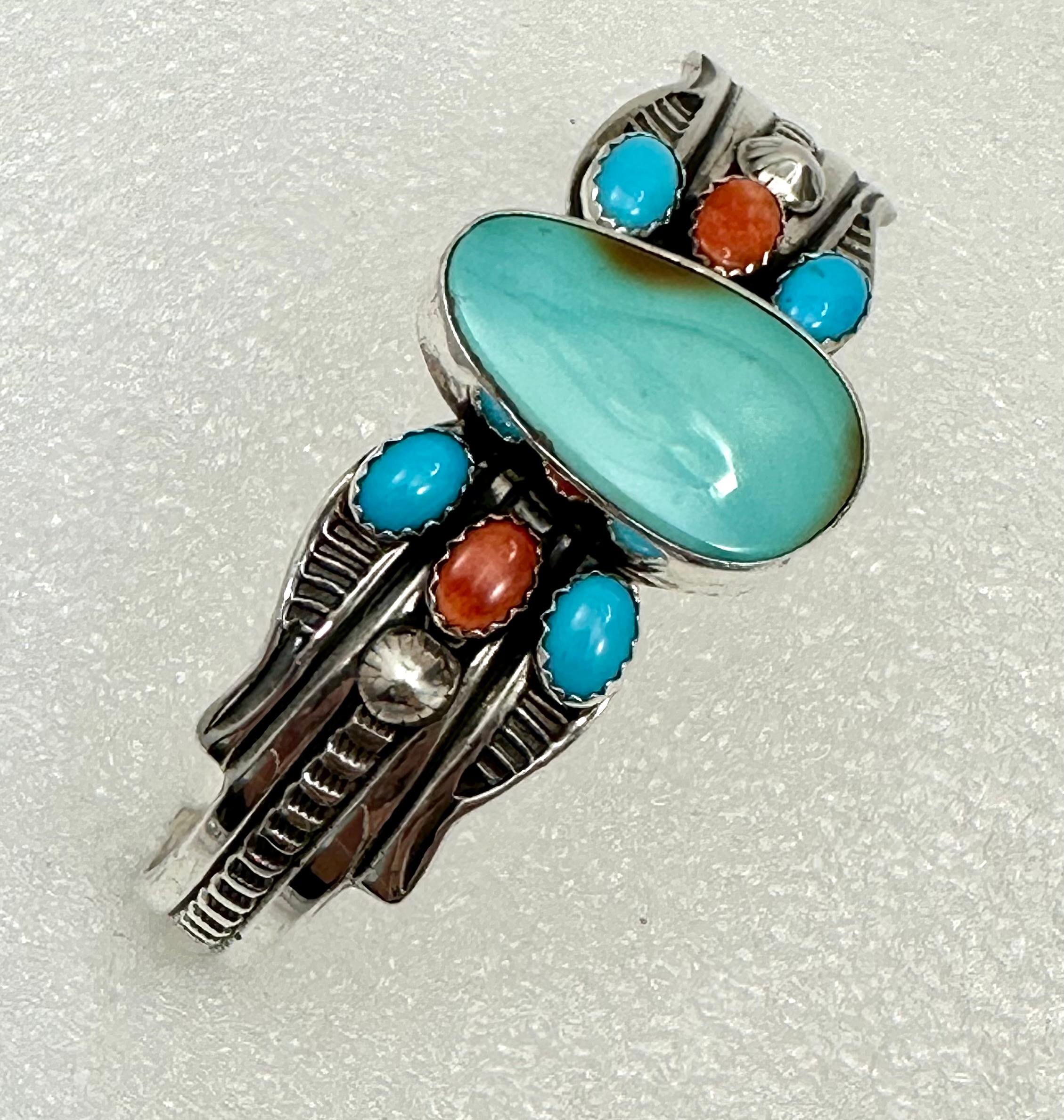 Cabochon Navajo Sterling Silver .925 Turquoise & Coral Bracelet Signed Daniel Miko For Sale
