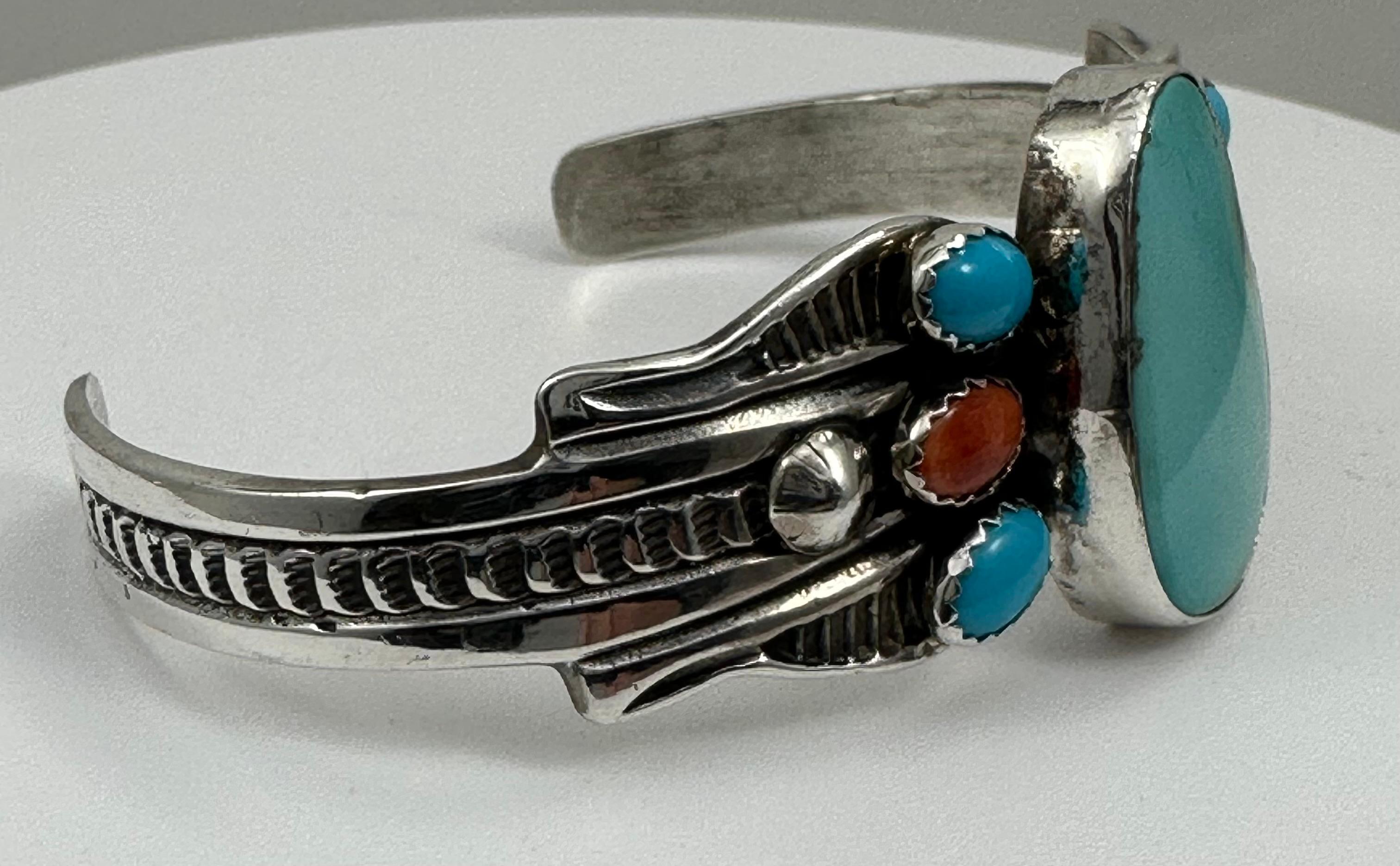 Navajo Sterling Silver .925 Turquoise & Coral Bracelet Signed Daniel Miko For Sale 1