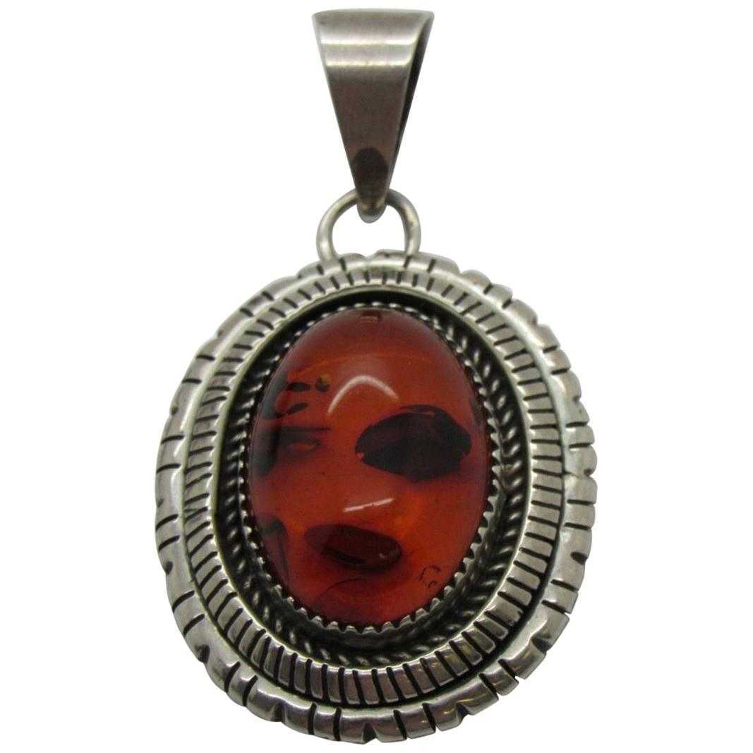 Navajo Sterling Silver Amber Pendant by P.A. Smith