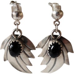 Navajo Sterling Silver and Black Onyx Leaf Motif Drop Earrings