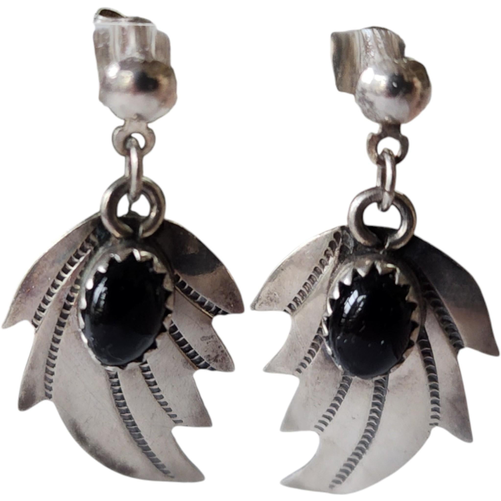 Navajo Sterling Silver and Black Onyx Leaf Motif Drop Earrings