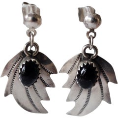 Navajo Sterling Silver and Black Onyx Leaf Motif Drop Earrings