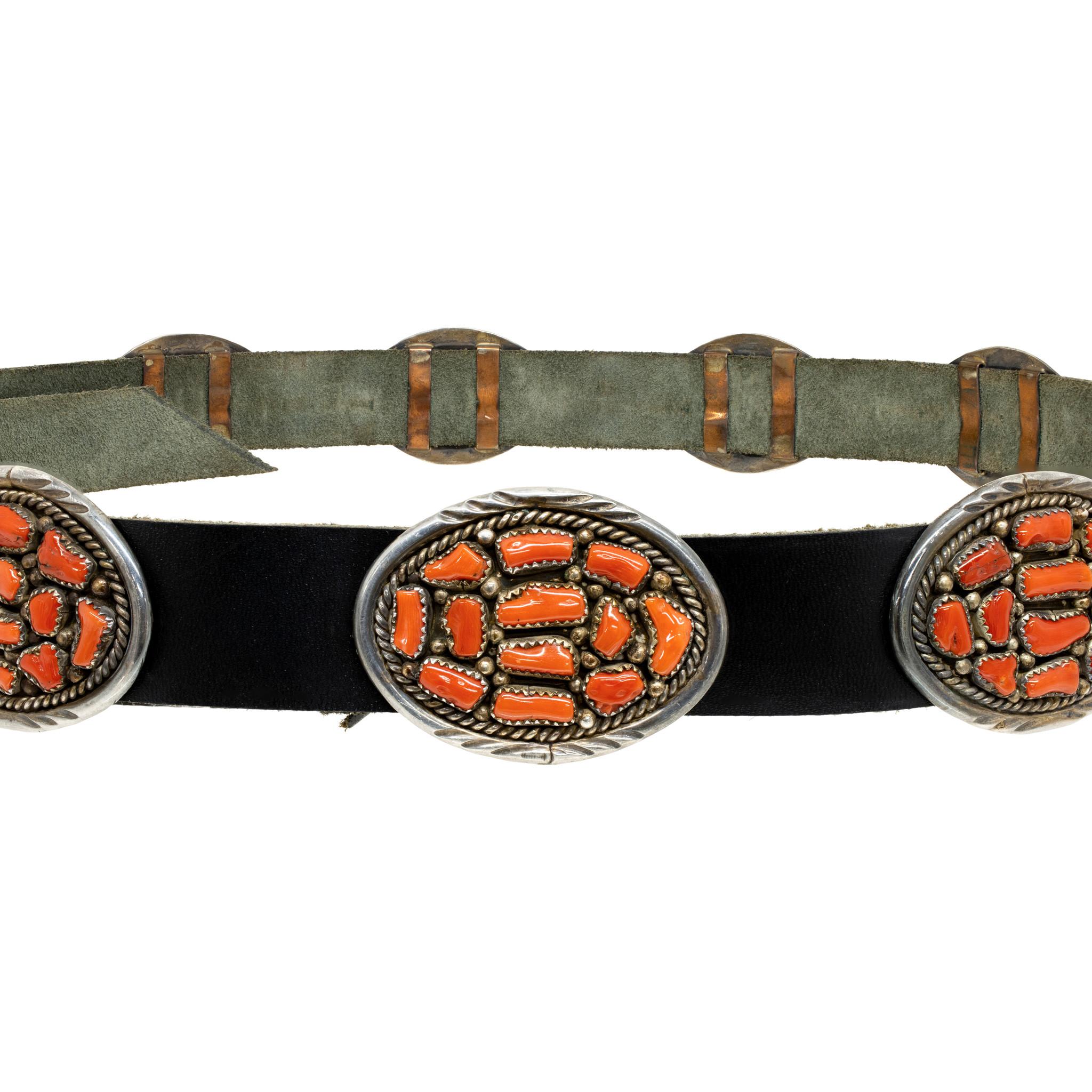 Native American Navajo Sterling Silver and Coral Concho Belt For Sale