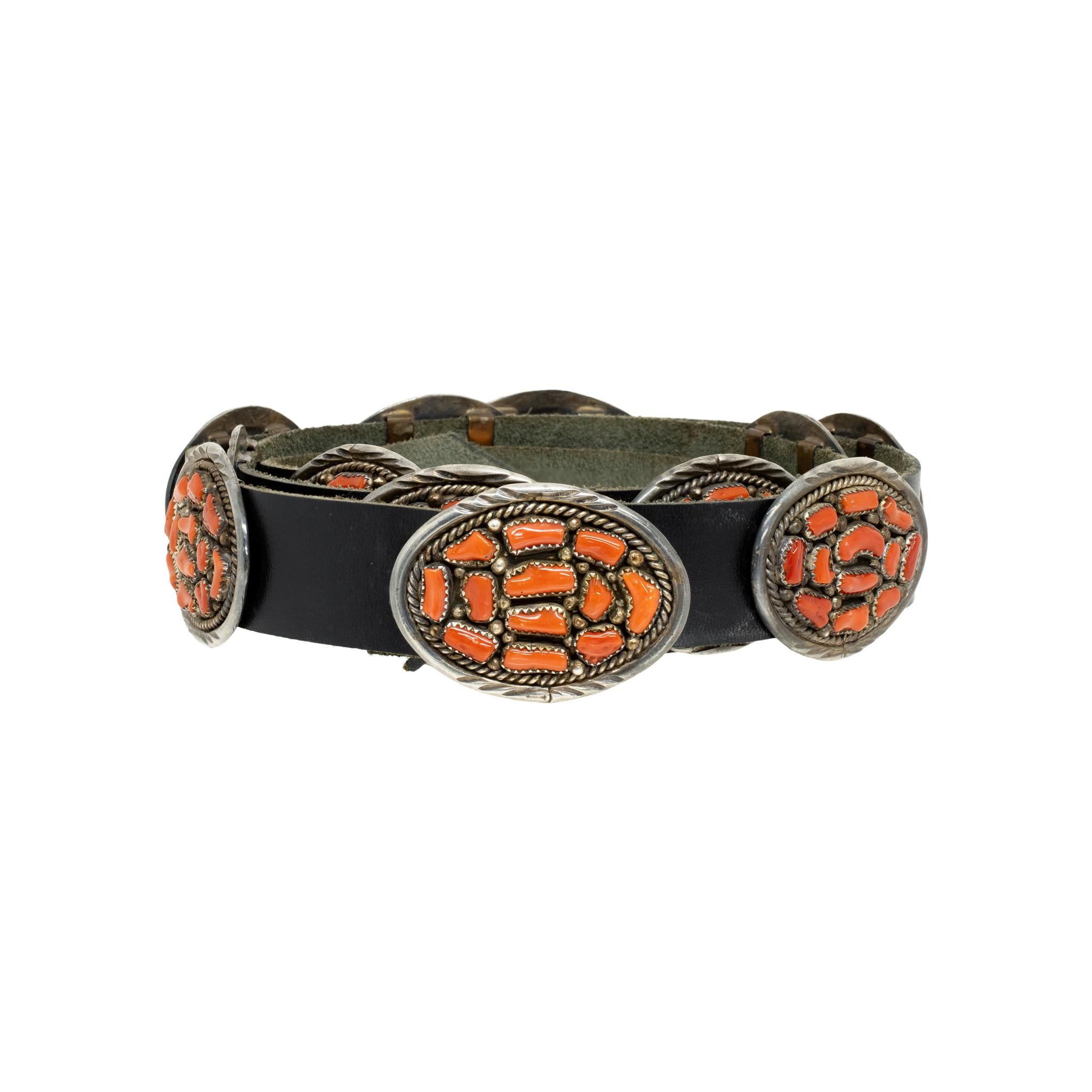 Mixed Cut Navajo Sterling Silver and Coral Concho Belt For Sale