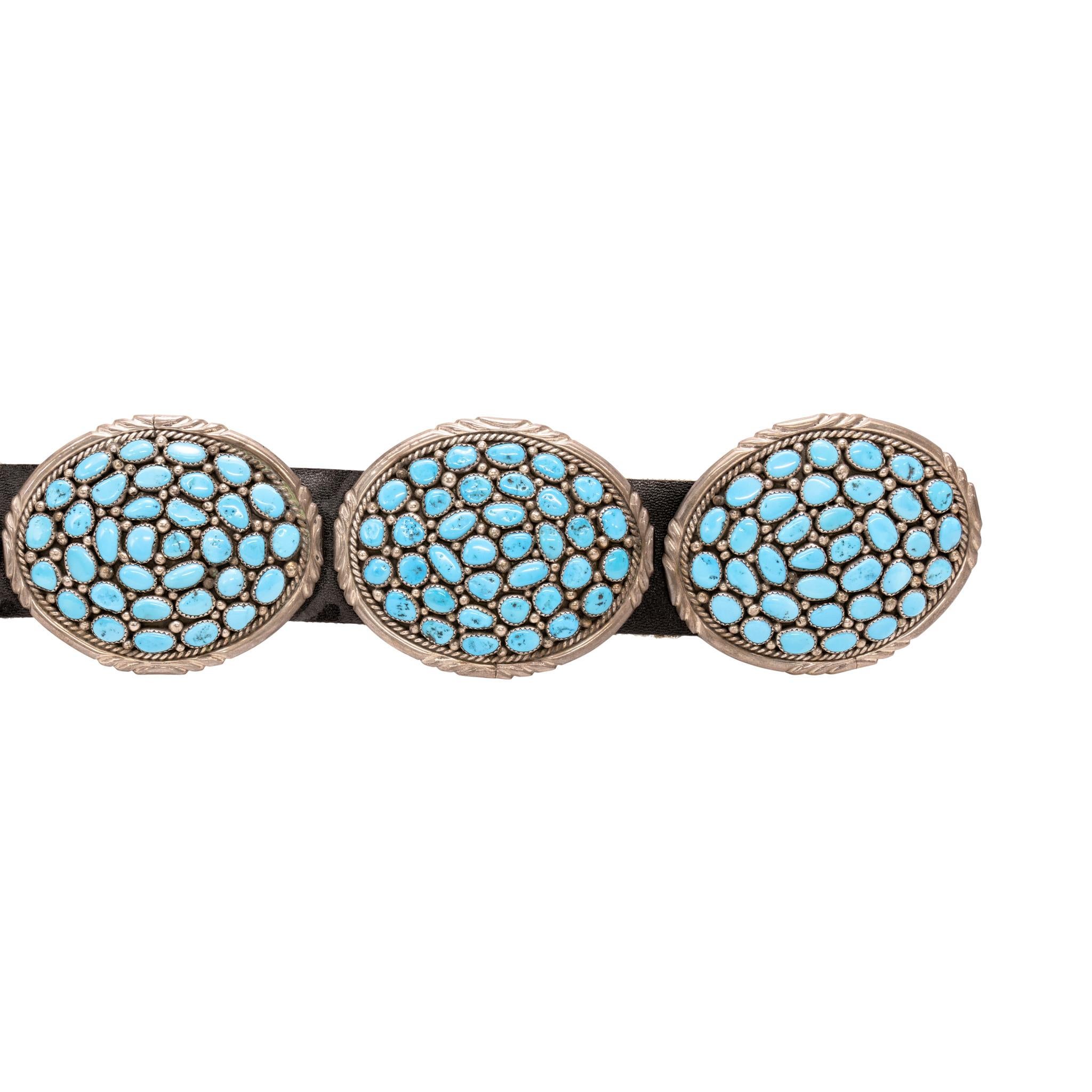 Nativo americano Navajo Sterling Silver and Turquoise Concho Belt in vendita