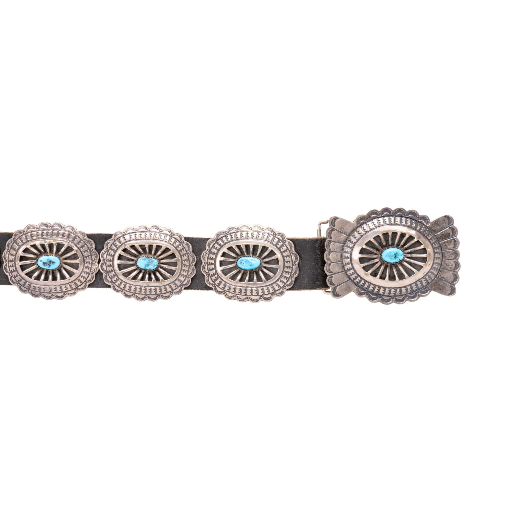 Native American Navajo Sterling Silver and Turquoise Concho Belt For Sale