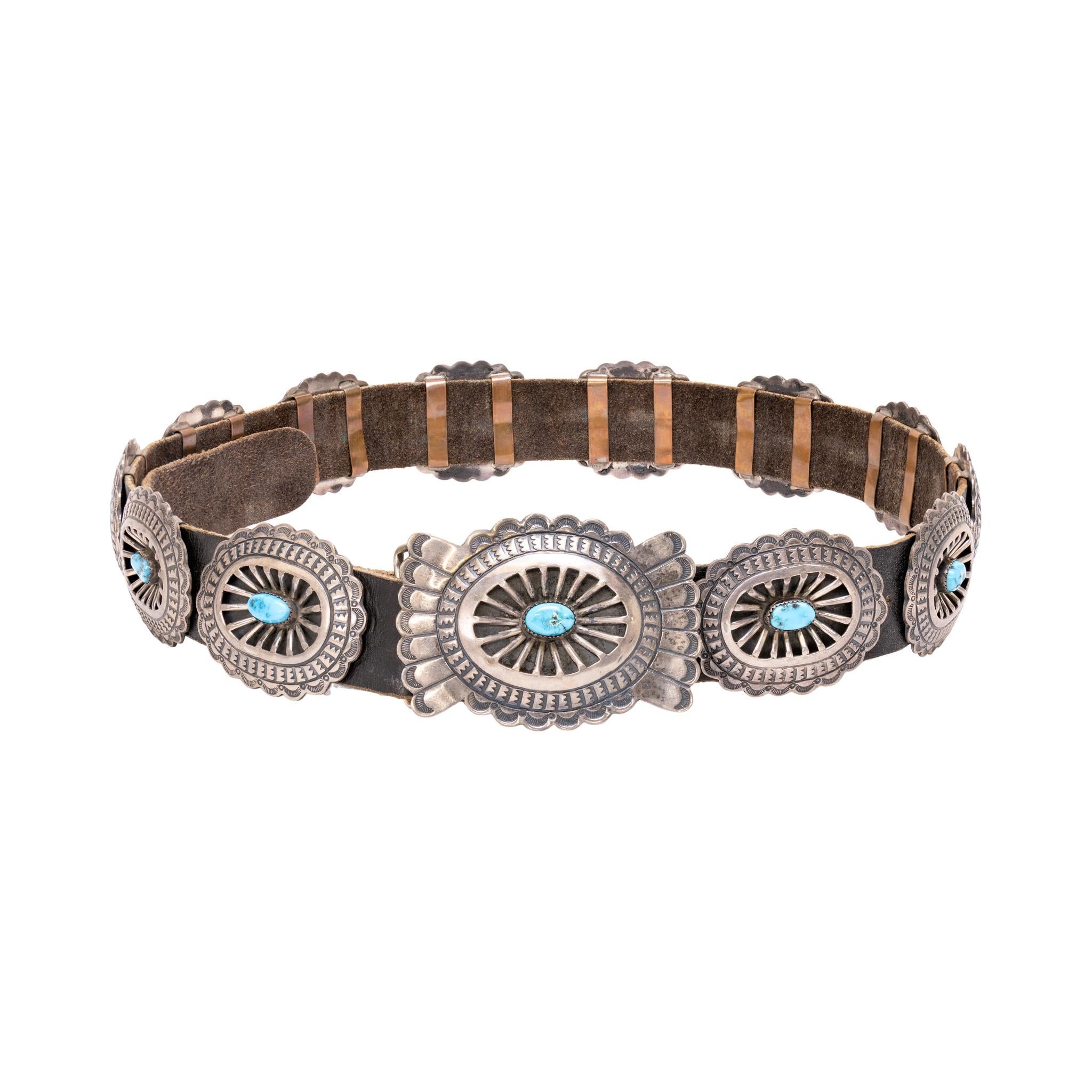 Oval Cut Navajo Sterling Silver and Turquoise Concho Belt For Sale