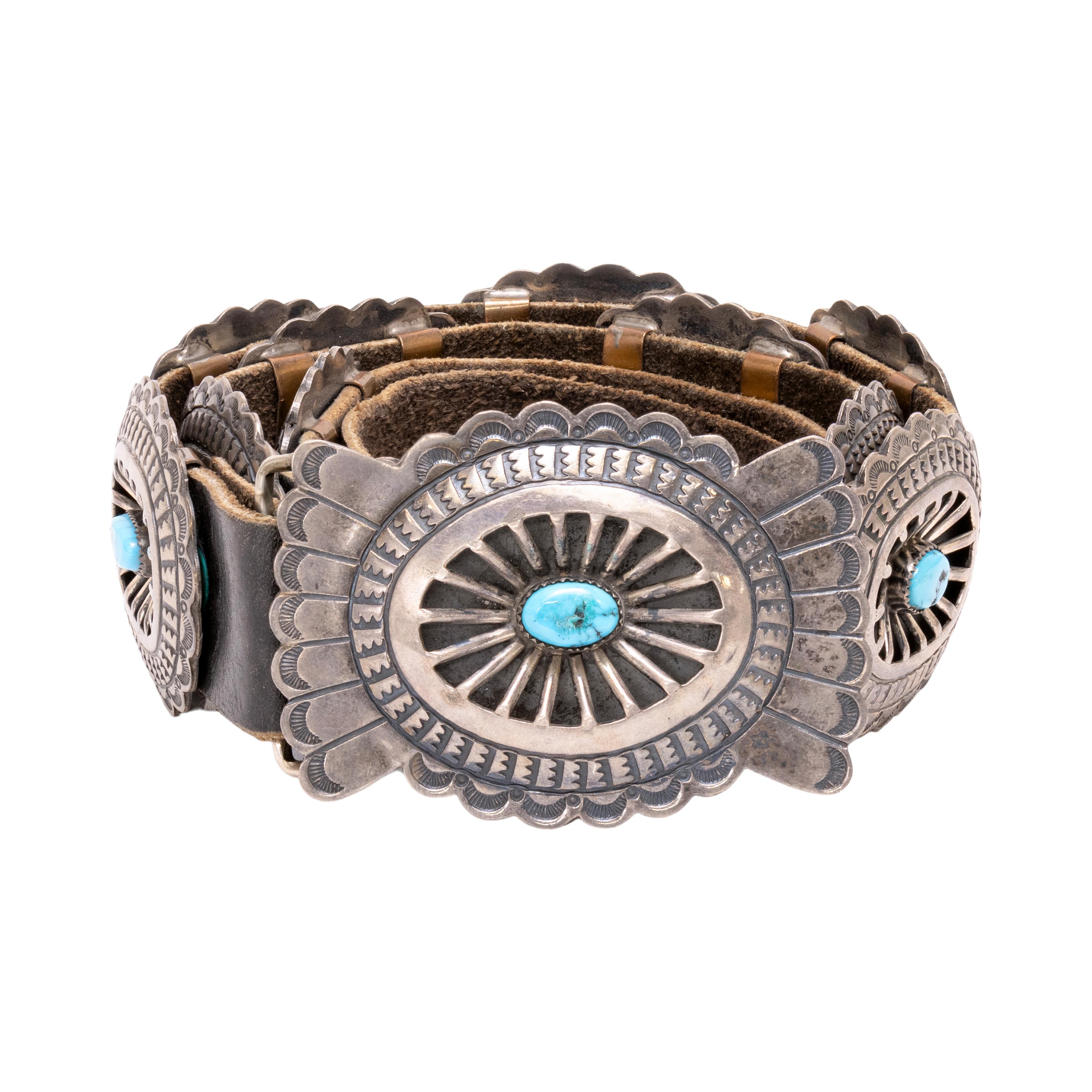 Navajo Sterling Silver and Turquoise Concho Belt In Good Condition For Sale In Coeur d Alene, ID