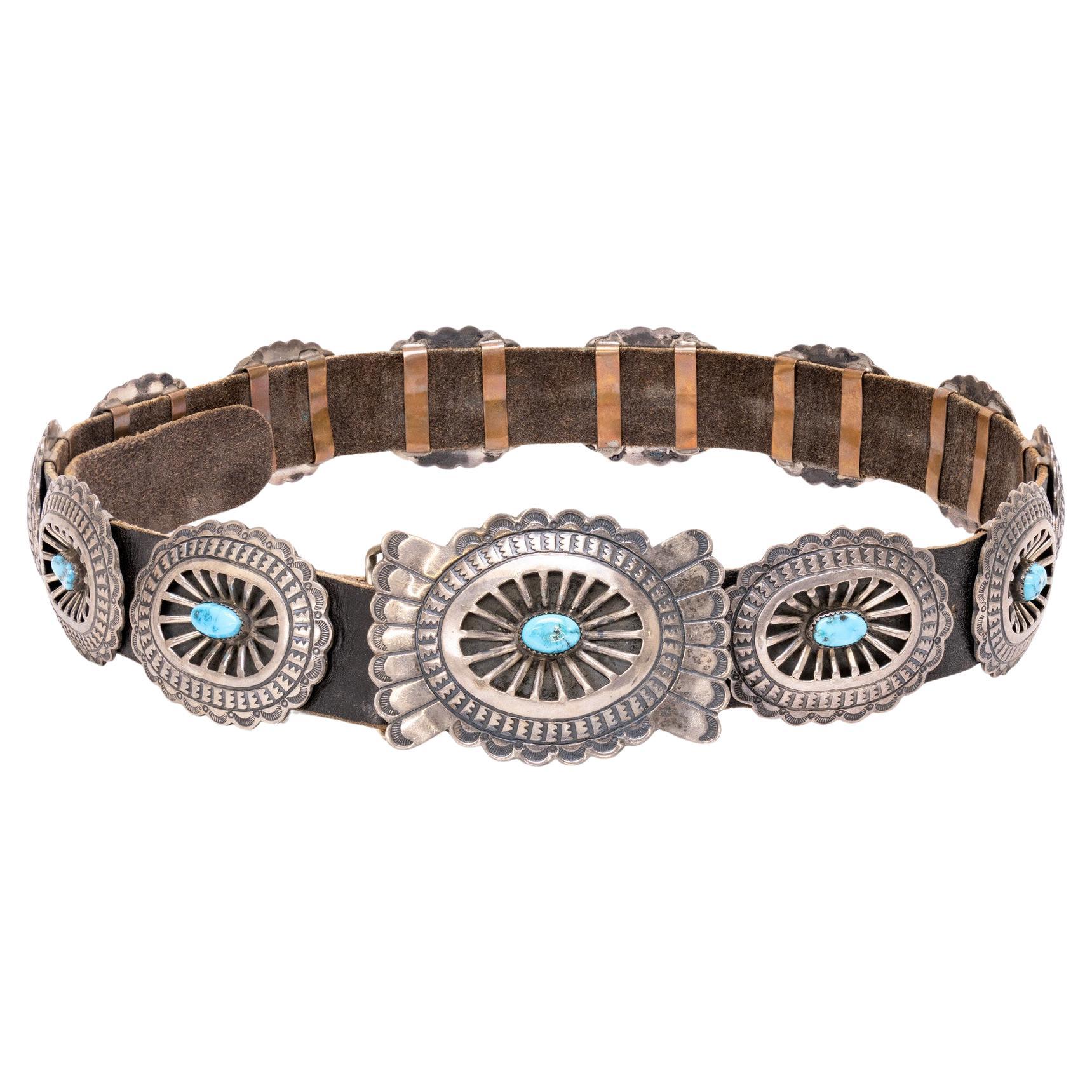 Navajo Sterling Silver and Turquoise Concho Belt For Sale