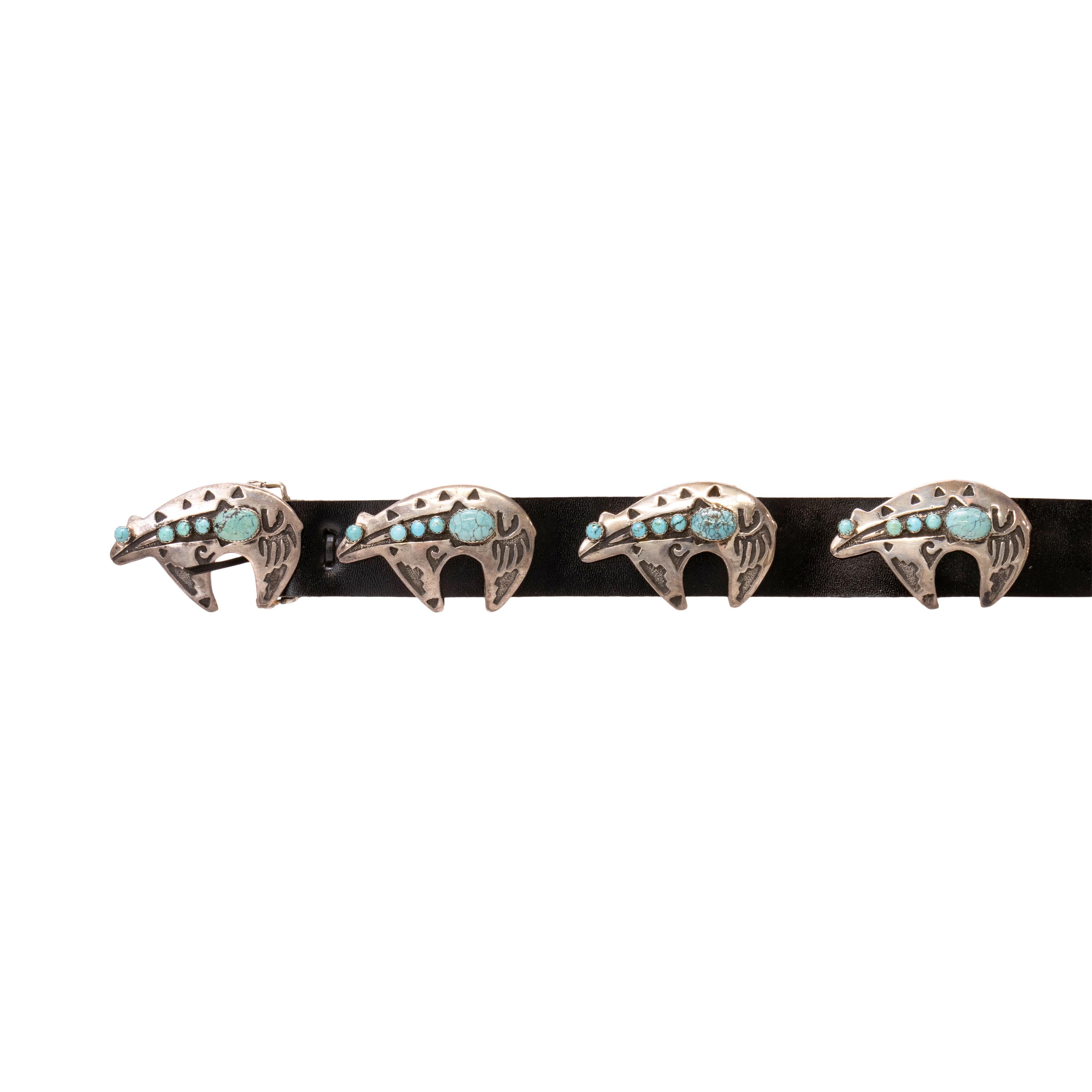 Native American Navajo Sterling Silver and Turquoise Heartline Bear Concho Belt For Sale