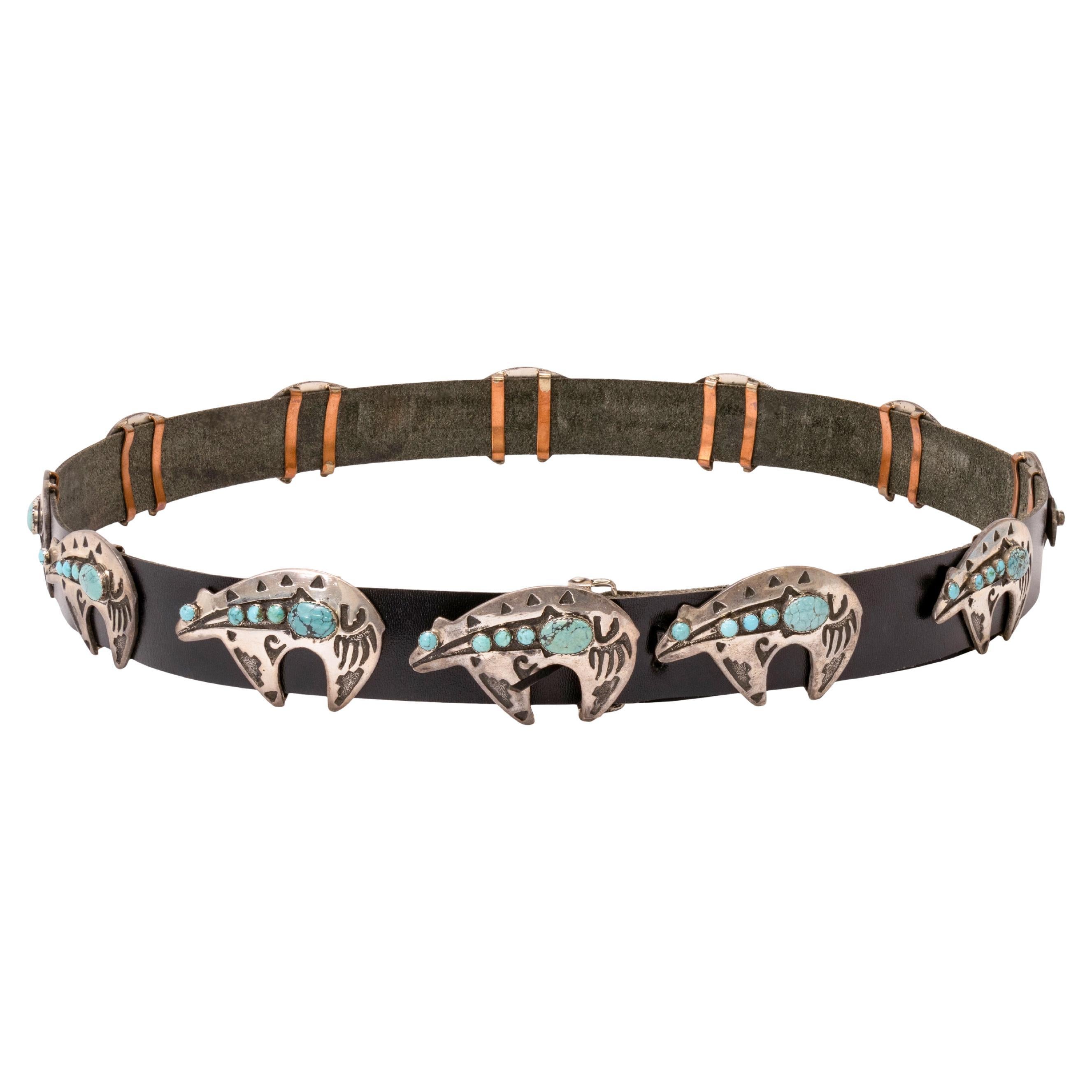 Navajo Sterling Silver and Turquoise Heartline Bear Concho Belt For Sale