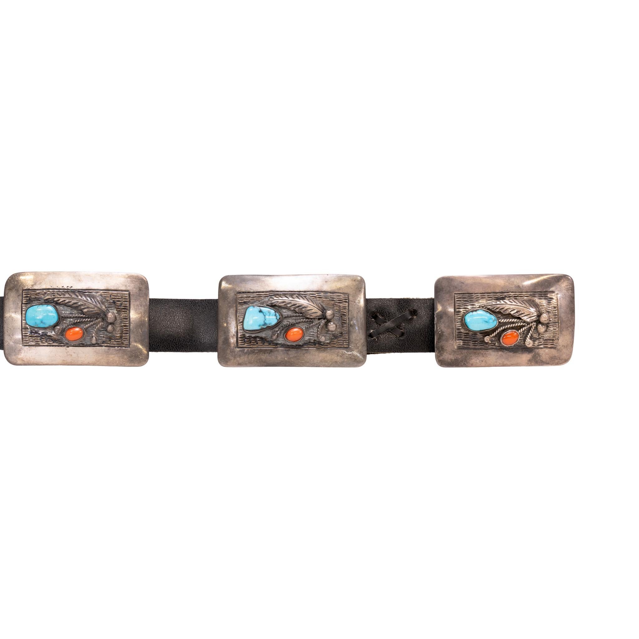 Native American Navajo Sterling Silver Coral and Turquoise Concho Belt For Sale