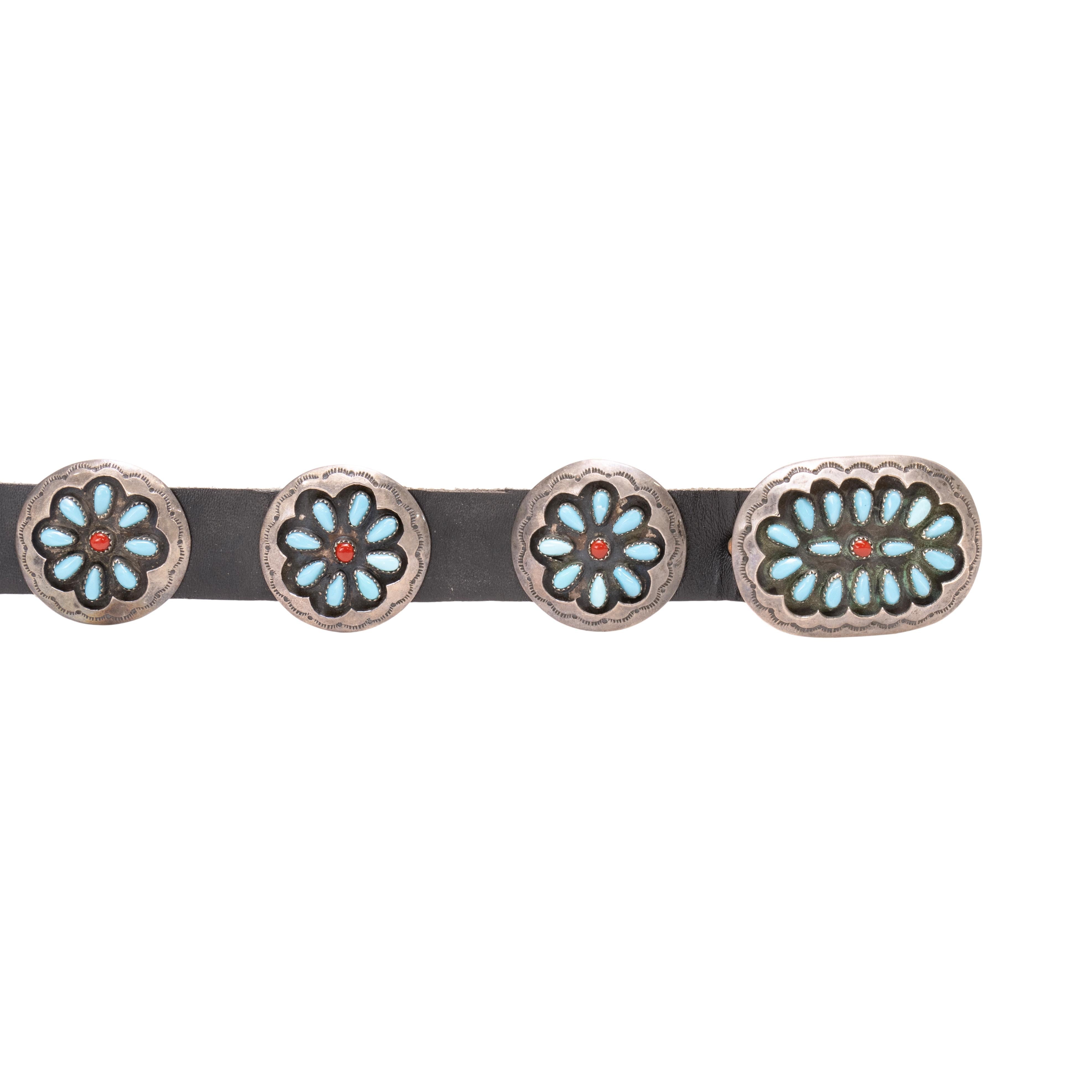 Native American Navajo Sterling Silver, Coral and Turquoise Concho Belt For Sale