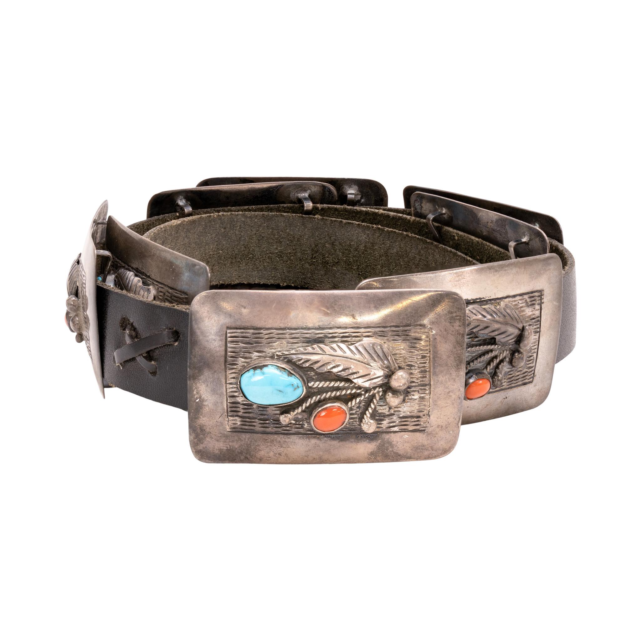 Mixed Cut Navajo Sterling Silver Coral and Turquoise Concho Belt For Sale